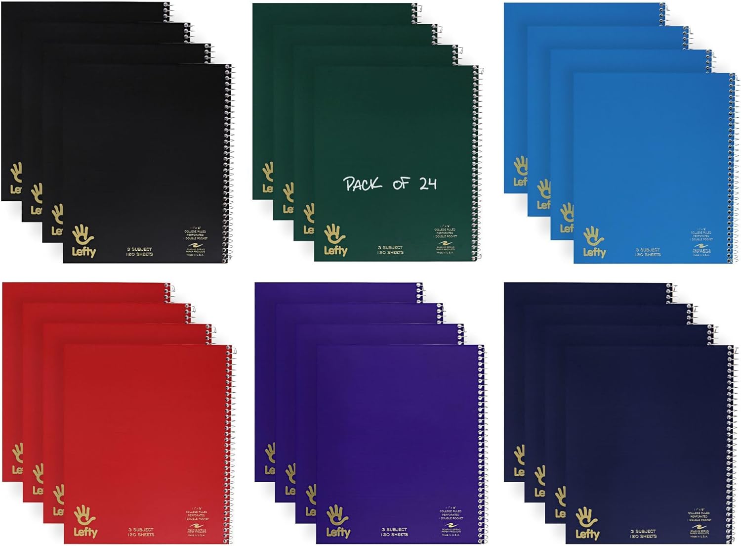 ROARING SPRING Lefty Spiral Notebook, Left-Handed 3 Subject Notebook, 24 Pack, 11" x 9", 120 Sheets, College-Ruled, Perforated, Assorted Saranac Covers, Made in USA