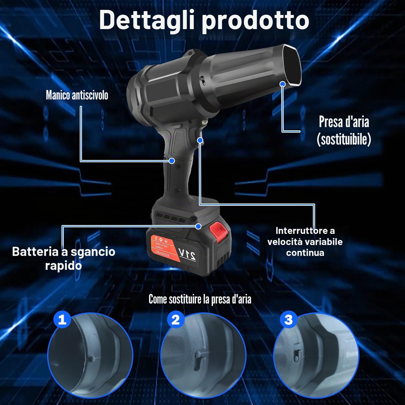 Turbo Jet Blower - Set professionale soffiatore a batteria al litio per foglie, auto, industria | Con 2 batterie, caricabatterie, valigetta, flusso d'aria variabile, con testa di ricambio e accessori, leggero e potente