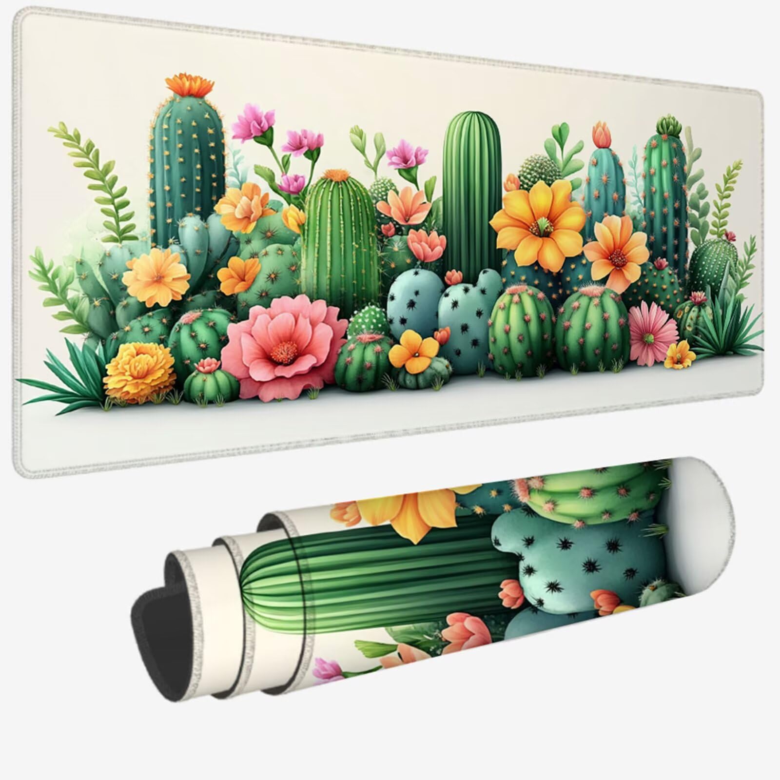 Podkładka pod mysz XXL 1500 x 800 x 3 MM, duża beżowa podkładka pod mysz z wodoodporną i antypoślizgową gumą kaktus pod ręką zszyte krawędzie, poprawia precyzję i szybkość dla gracza W-824