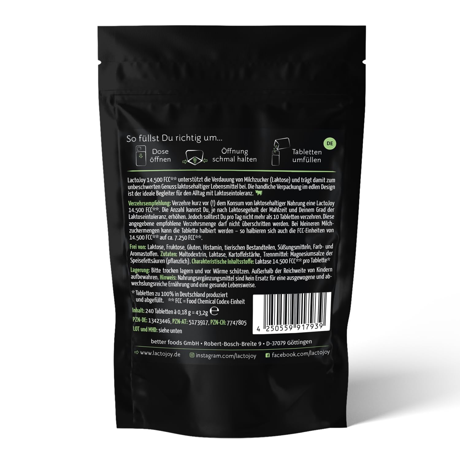 LactoJoy Laktase-Tabletten bei Laktoseintoleranz - 14.500 FCC - 240 Stk. Nachfüllpackung I Hochdosiert bei Lactoseunverträglichkeit