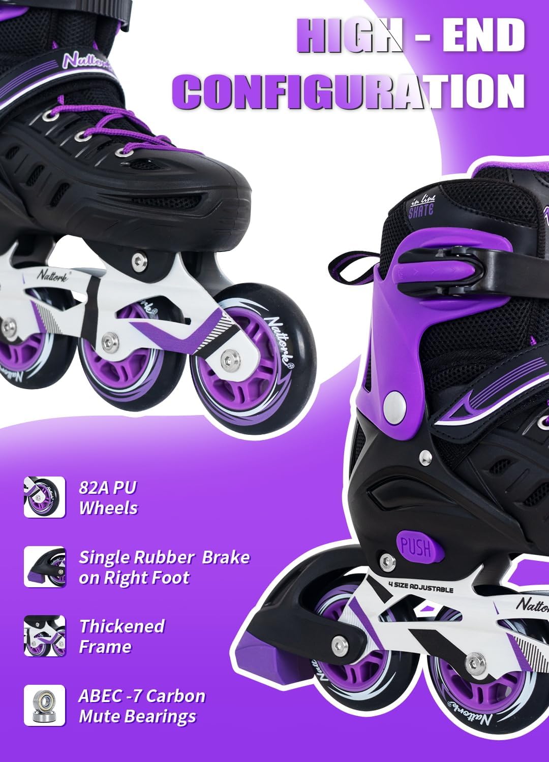 Nattork Inline Skates for Boys and Girls Men Women, 4 Sizes Adjustable Blades Roller Skates Beginner for Kids & Adult Youth