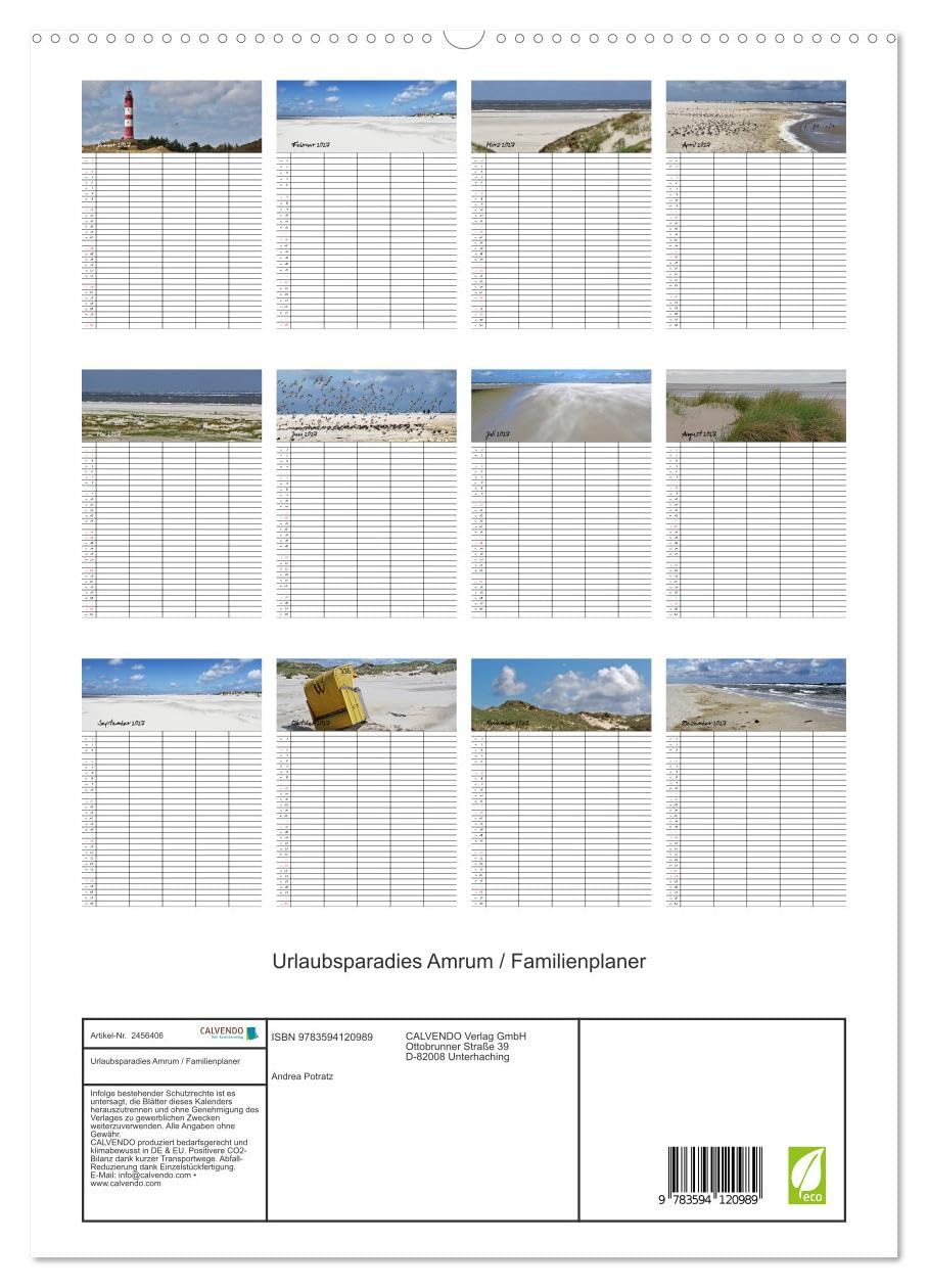 CALVENDO - Urlaubsparadies Amrum/Familienplaner (hochwertiger Premium Wandkalender 2027 DIN A2 hoch), Kunstdruck in Hochglanz: Wunderschöne Bilder von der Urlaubsinsel Amrum