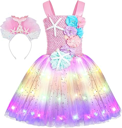 SKCAIHT Vestido de sirena para niñas, vestido de sirena iluminado para niñas, fiesta de cumpleaños, regalos de sirena, decoración de disfraces de