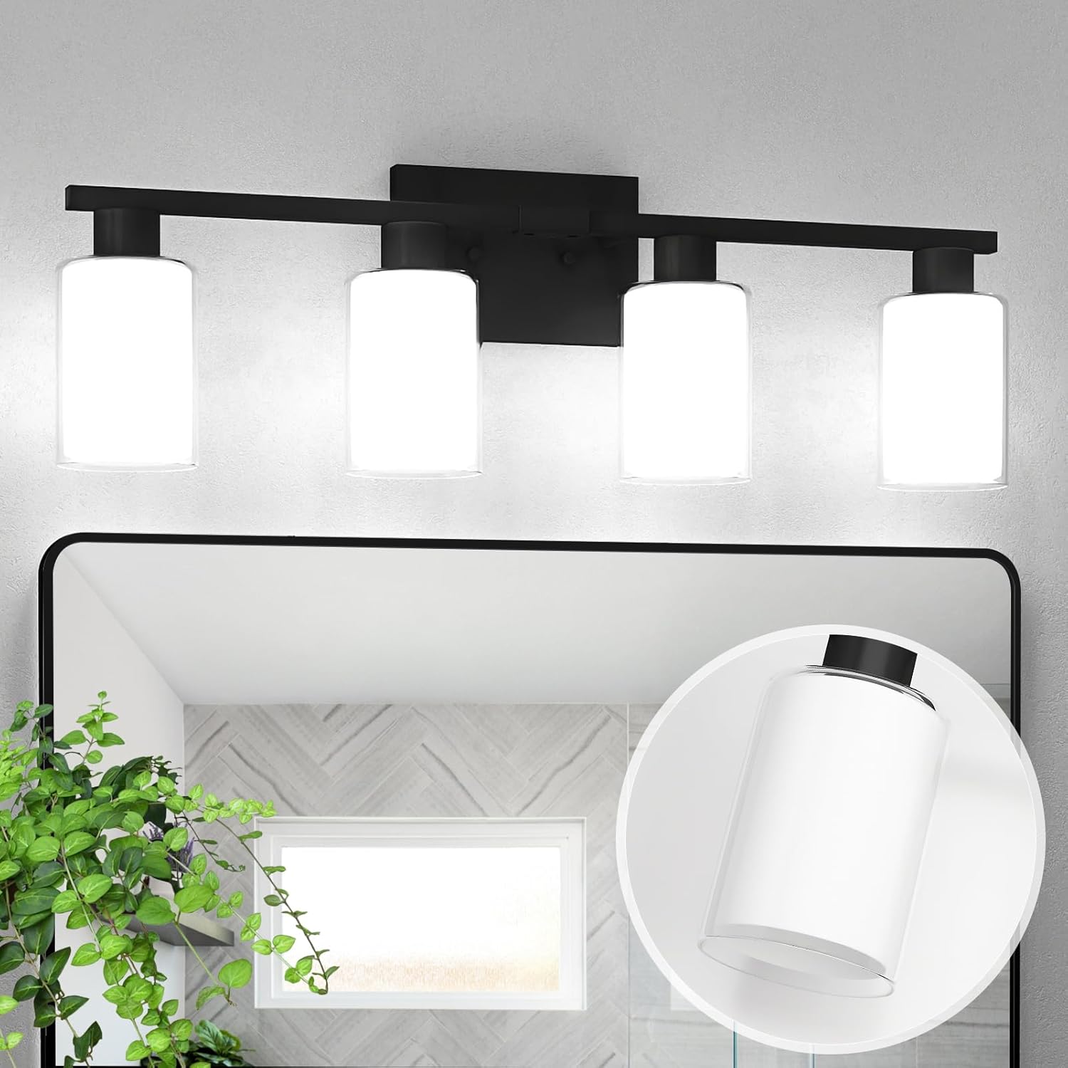 Bathroom Light Fixtures Over Mirror, 4 Lights Matte Black Vanity Lights with White Glass and Clear Glass Lampshade, Modern Black Bathroom Vanity Lights, Bath Wall Sconces Lighting