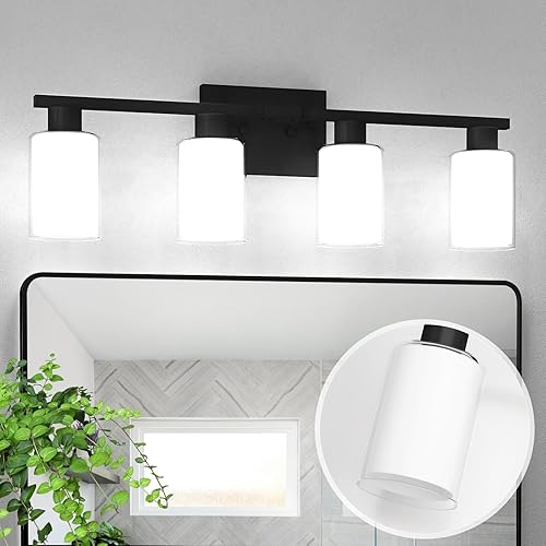 Lámparas de baño sobre espejo, 4 luces de tocador negro mate con cristal blanco y pantalla de vidrio transparente, modernas luces negras para