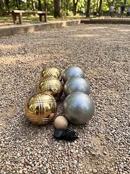 BuyBocceBalls Listing - Unique 6 Ball 73mm Metal Bocce and Petanque Set with 3 Grind Sand Balls and 3 Gold Balls