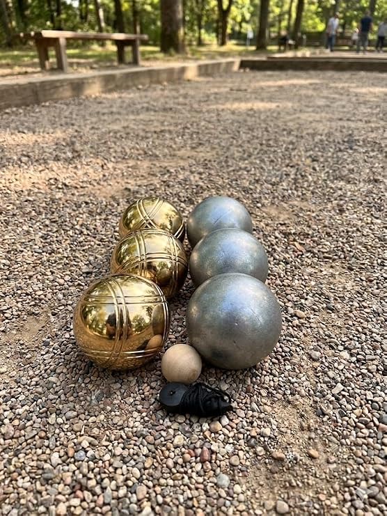 BuyBocceBalls Listing - Unique 6 Ball 73mm Metal Bocce and Petanque Set with 3 Grind Sand Balls and 3 Gold Balls