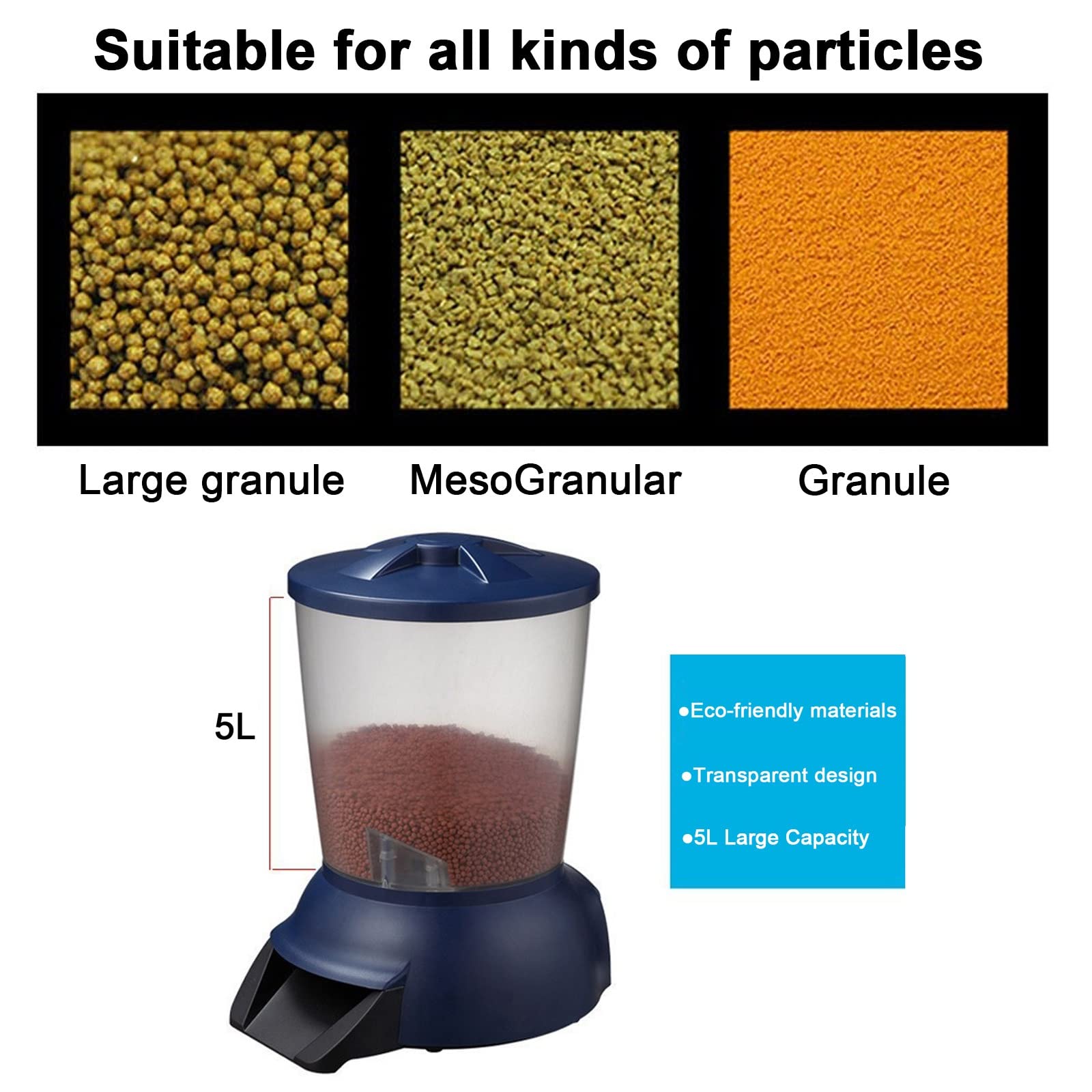 Distributeur Automatique de Grande capacité de Nourriture pour Poissons dans Les bassins de Jardin, avec écran LCD & 6 Fois Le réglage du Temps d'alimentation (5L)