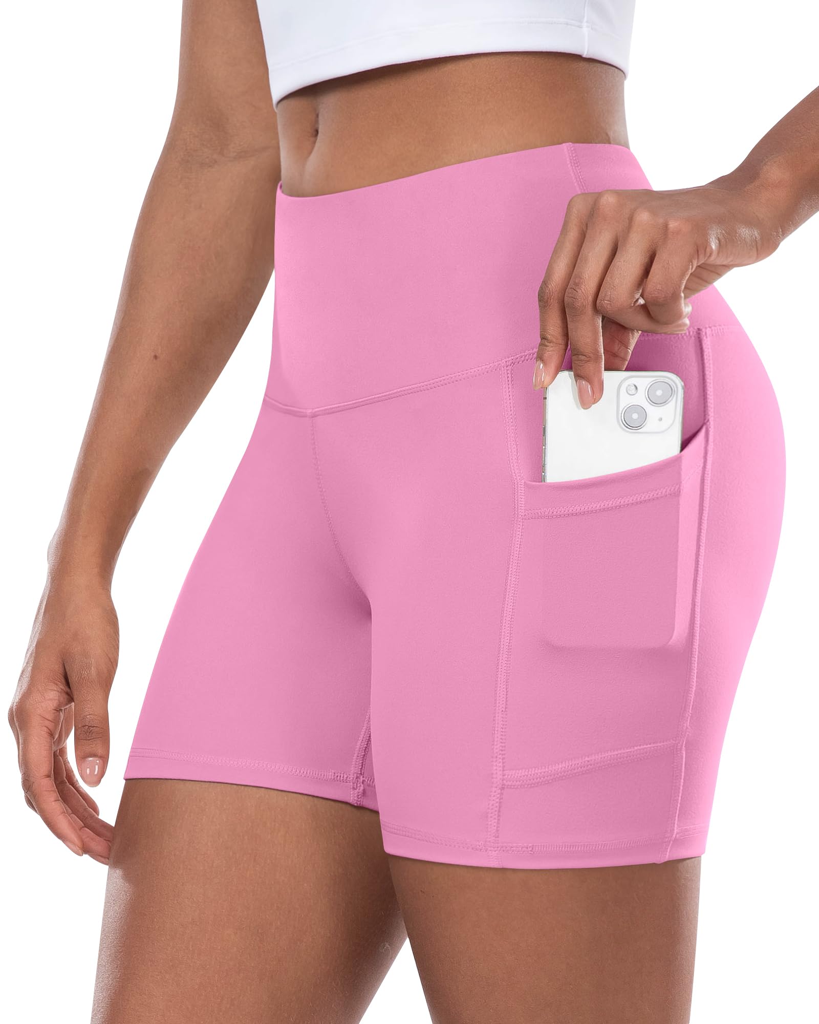CHRLEISURE Womens Biker Yoga Shorts with Pocket, High Waisted Tummy Control 5 Inch Workout Spandex Athletic Gym Shorts