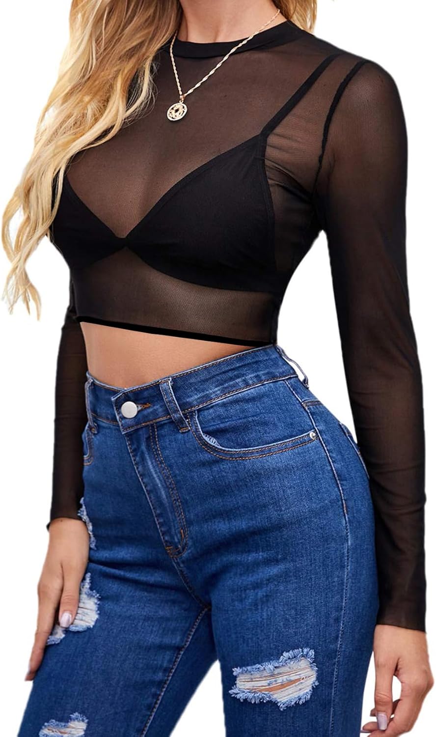 Women's Mesh Long Sleeve Top See Through Shirt Sexy High Crew Neck Sheer Blouse - Image 2