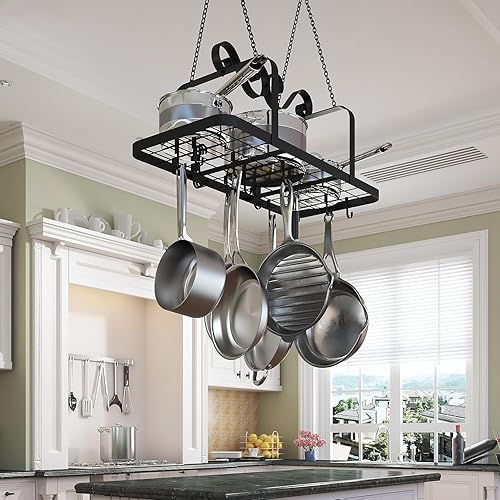 Miniatura 7 de TICKCACY Estante de metal para colgar ollas de 33 pulgadas, estante de metal para colgar con rejilla, estante de techo resistente con 15 ganchos,