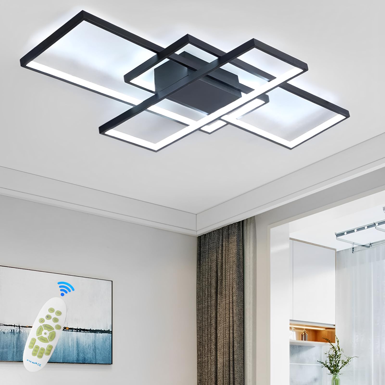 Modern Design LED Deckenleuchte Dimmbar 65W Rechteckige Deckenleuchte, 3000K-6000K Wohnzimmer Deckenlampe Schwarz Mit Fernbedienung, Für Schlafzimmer Wohnzimmer Küche Schmücken(80cm)