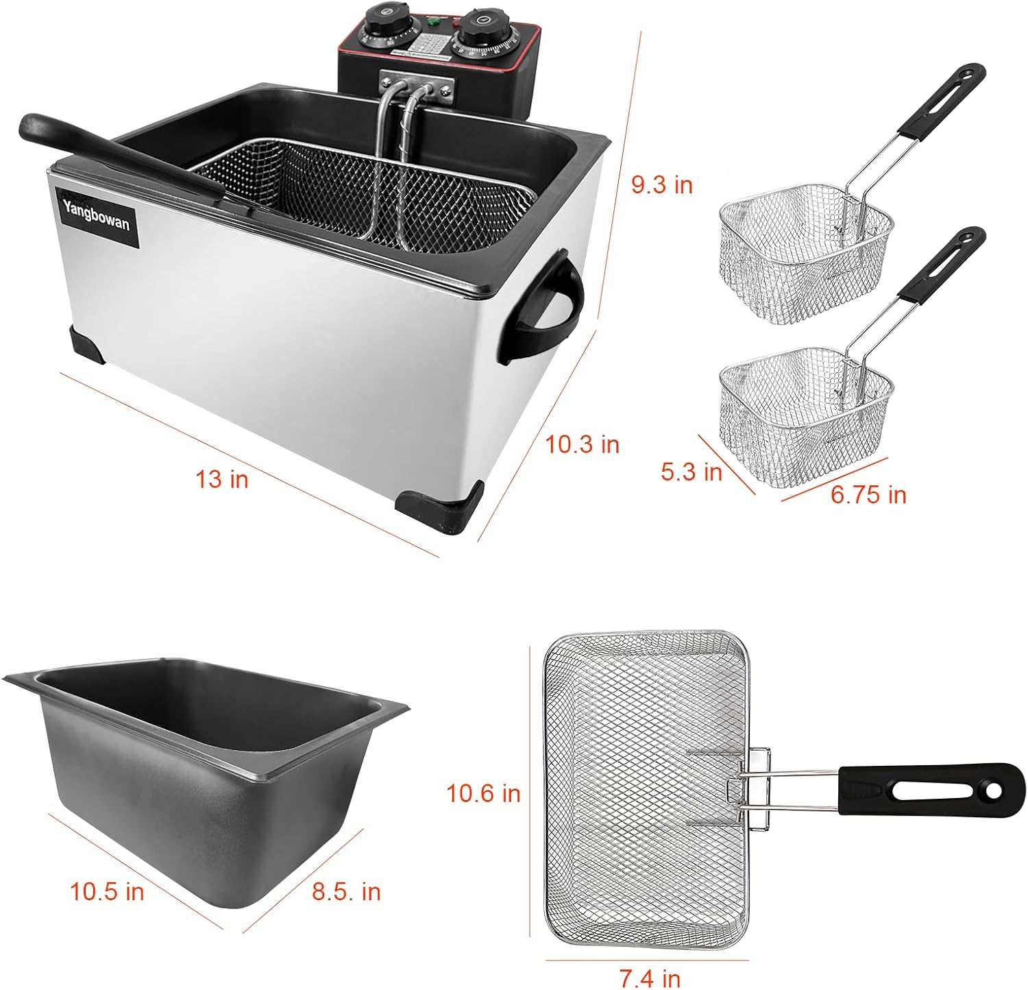 Deep Fryer with Basket for Home Use, Yangbowan Electric Deep Fryer 5L 1300W with Time & Temperature Control,3 Frying Baskets, Stainless Steel Lid with Viewing Window and Perfect for Kitchen, Fish Fry