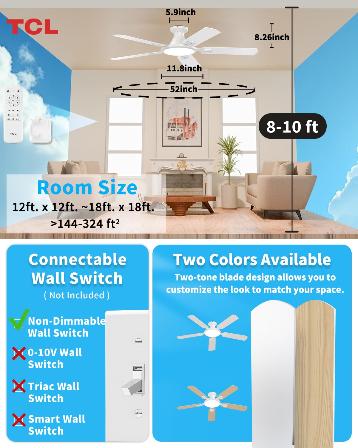 TCL 52 Low Profile Ceiling Fan with Light Slim White Flush Mount DC Reversible Motor 6 Speeds Remote — view 8