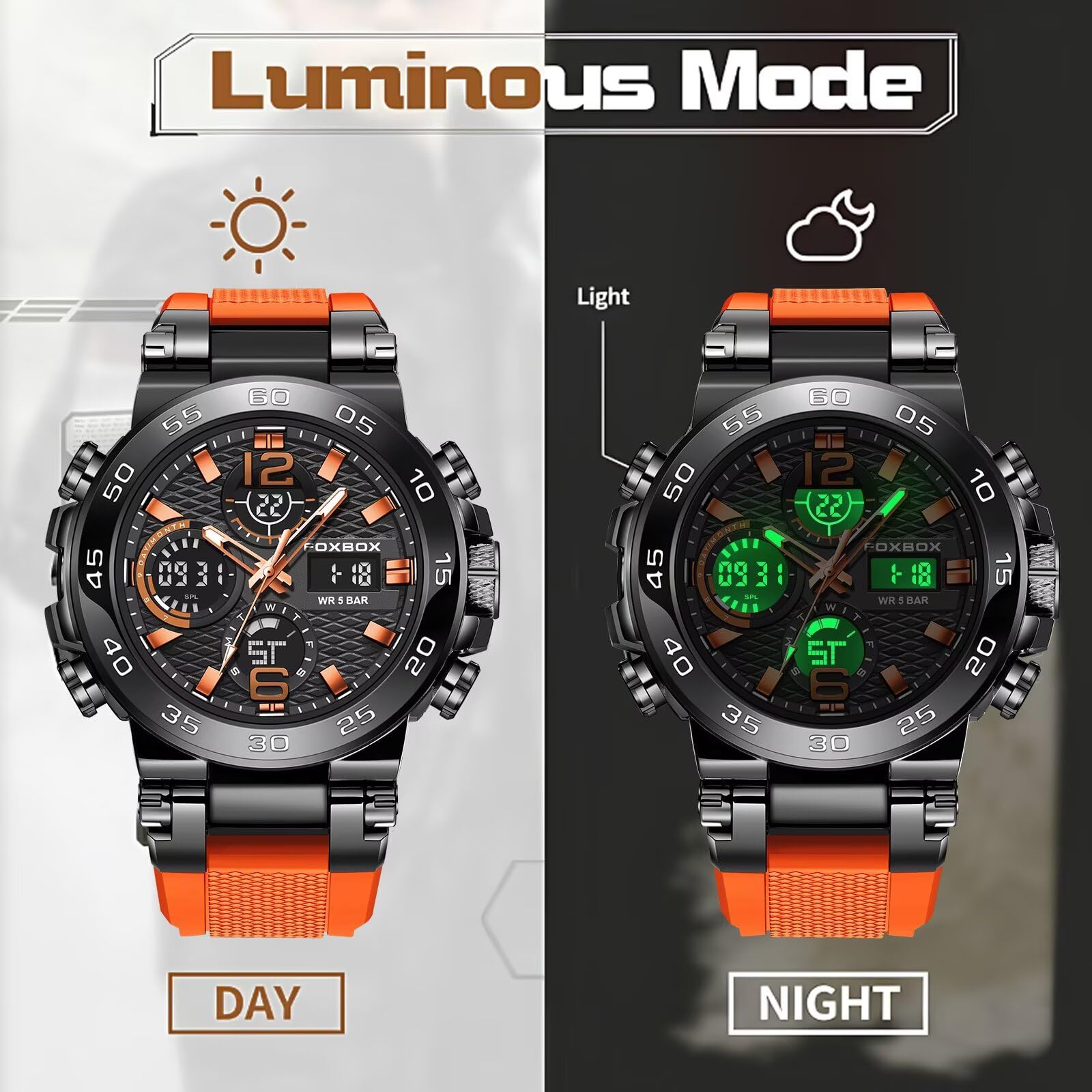 Orologio al quarzo da uomo, sportivo, impermeabile, luminoso, sveglia, multifunzione, analogico e digitale, quadrante grande, facile da leggere, comodo cinturino in silicone, per allenamento