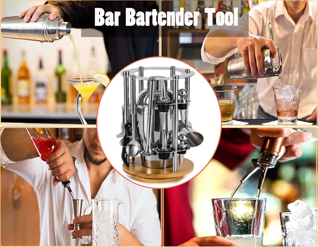 Bar Bartender Tool : 13-Piece Tool Set, Bar Cocktail Shaker Set for Perfect Bartender Kit with Rotating Stand(Silver)