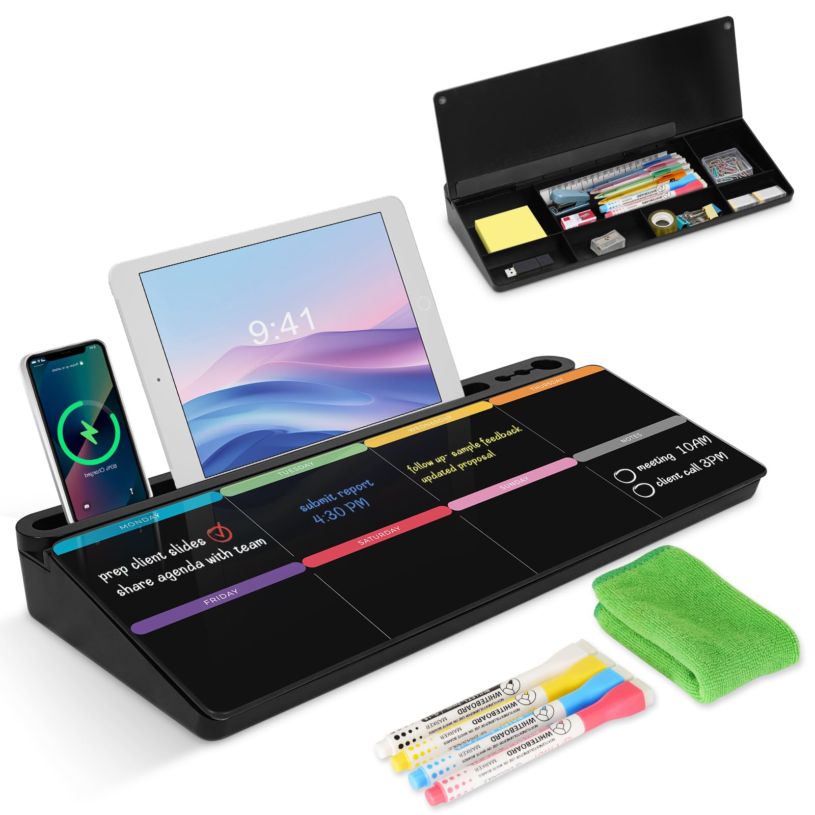 Desktop Glass Whiteboard with Storage, Colorful Weekly Calendar Desk Dry Erase White Board, Desk Organizers and Accessories, Weekly Planner with Notes