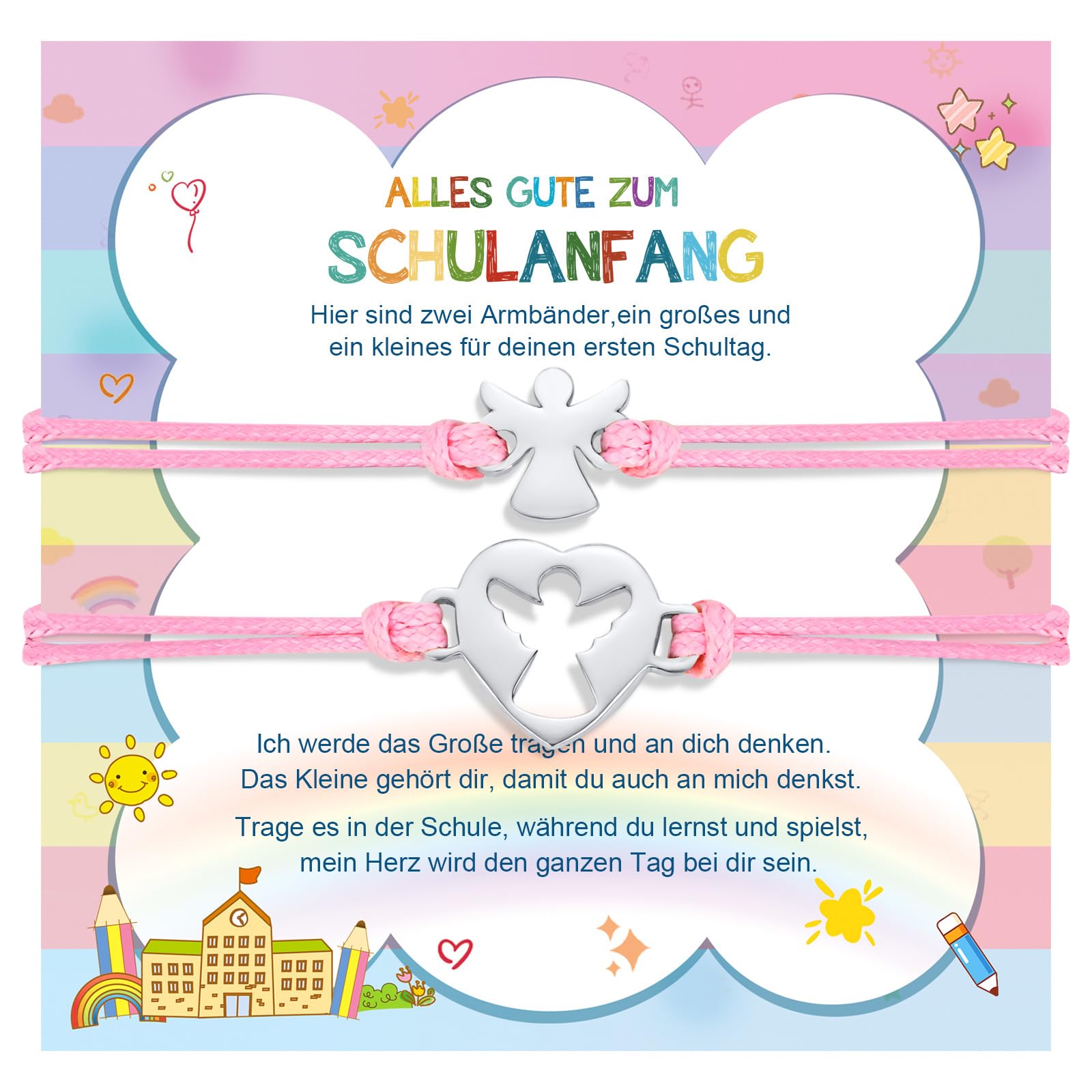 Einschulung Geschenk Mädchen Junge Schulkind - 2 Stück Schulanfänger Armbänder Glücksbringer Schutzengel Armbander Mutter Tochter, Erster Schultag Einschulungsgeschenke Endlich Schulbeginn
