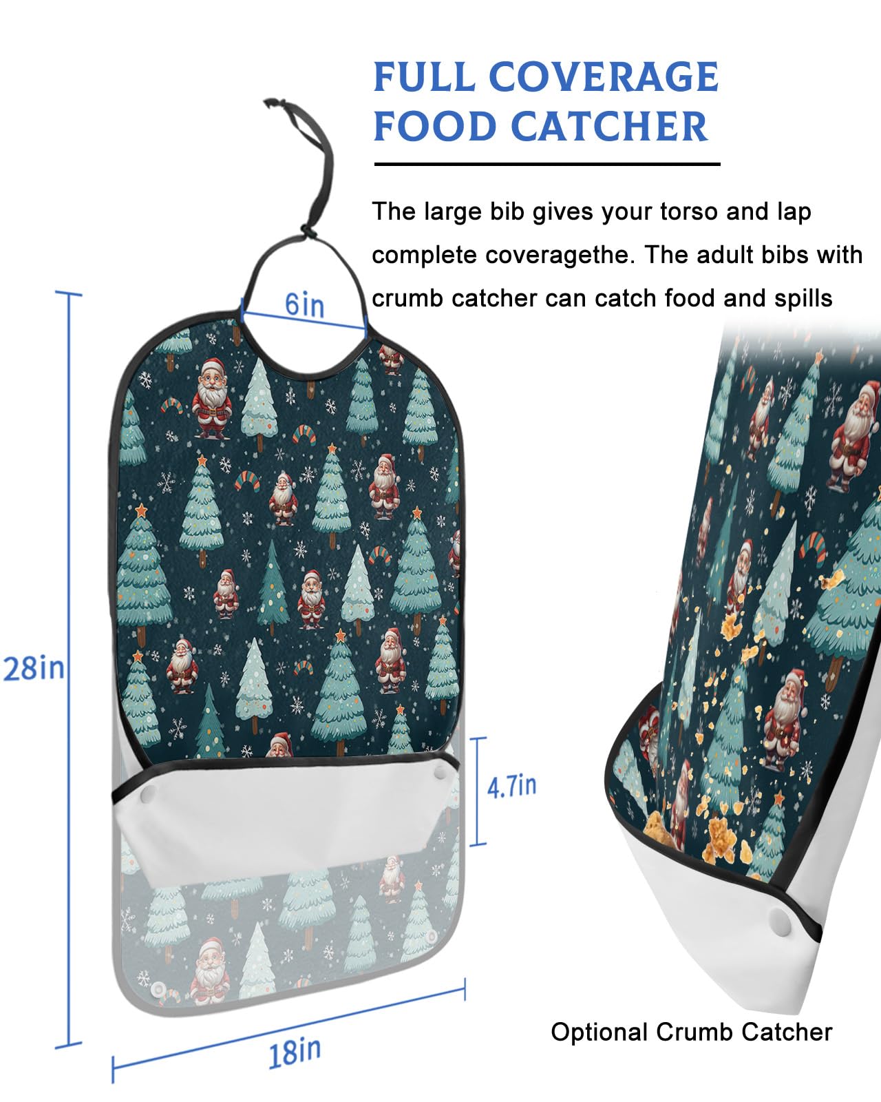 Christmas Adult Bib for Adults Men, Women, Washable & Adjustable Terry Cloth Bib with Crumb Catcher Reusable Waterproof Clothing Clothes Protector Apron Santa Winter Snowflake Xmas Pine Tree