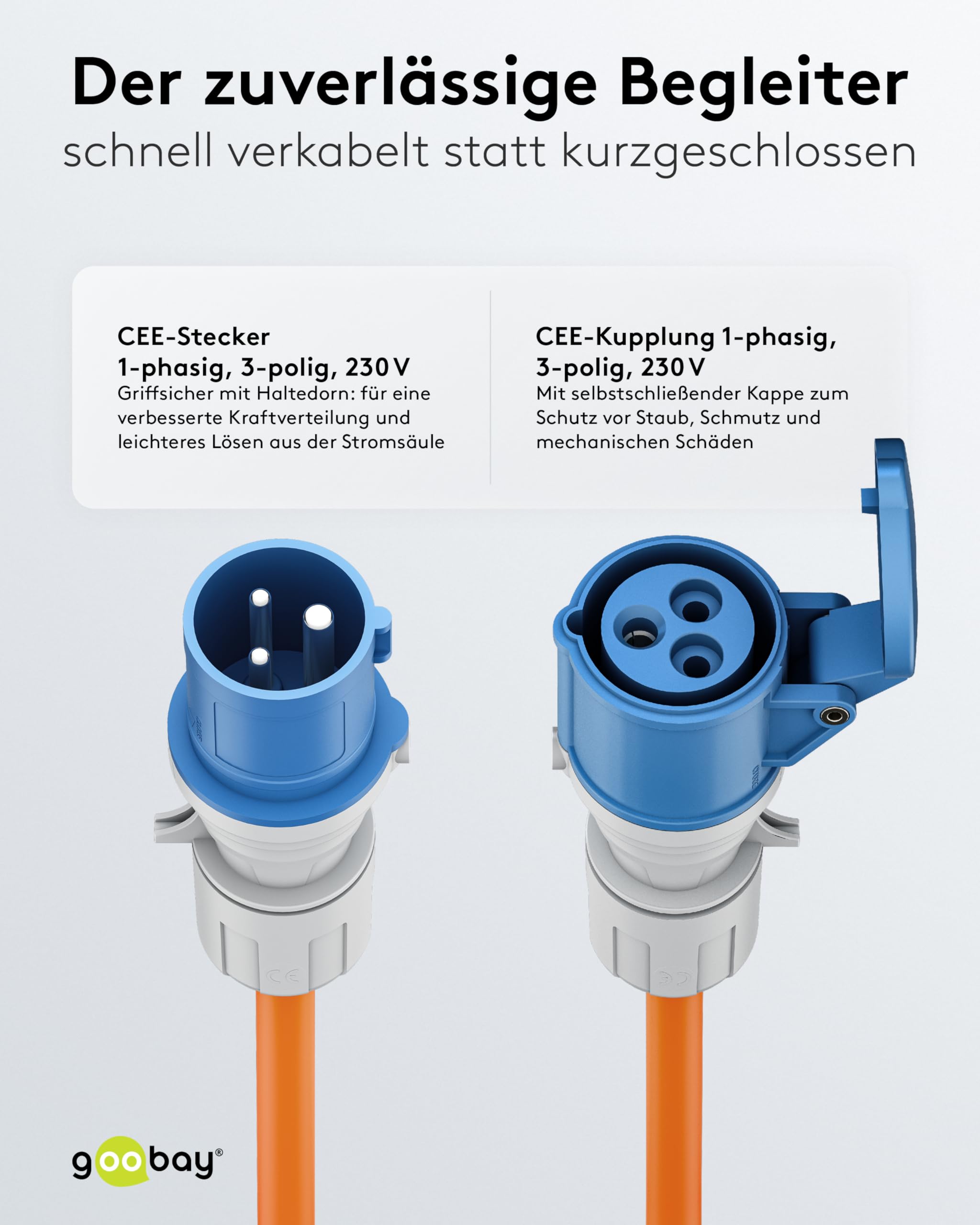 goobay CEE-Verlängerungskabel für Wohnwagen, 25m, CEE-Stecker auf CEE-Buchse mit Verschlusskappe, IP44, Kabel für Camping, Wohnmobil und Wohnwagen, 76230