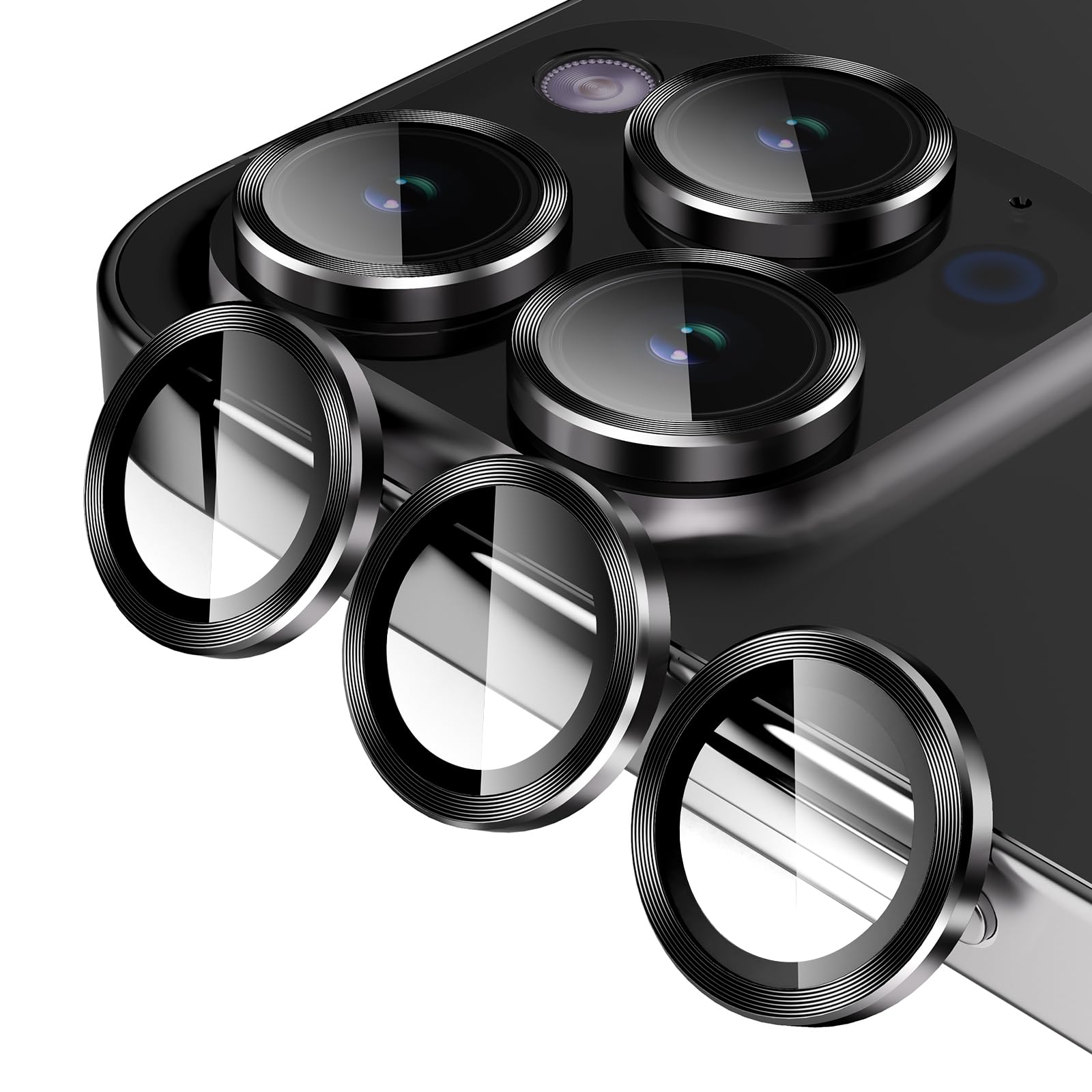 Jeluse 3X2 Pack Camera Lens Protector for iPhone 16 Pro Max/iPhone 16 Pro/iPhone 14 Pro Max/iPhone 14 Pro, 9H Tempered Glass Screen Protector Cover [Alignment Kit] Metal Individual Ring
