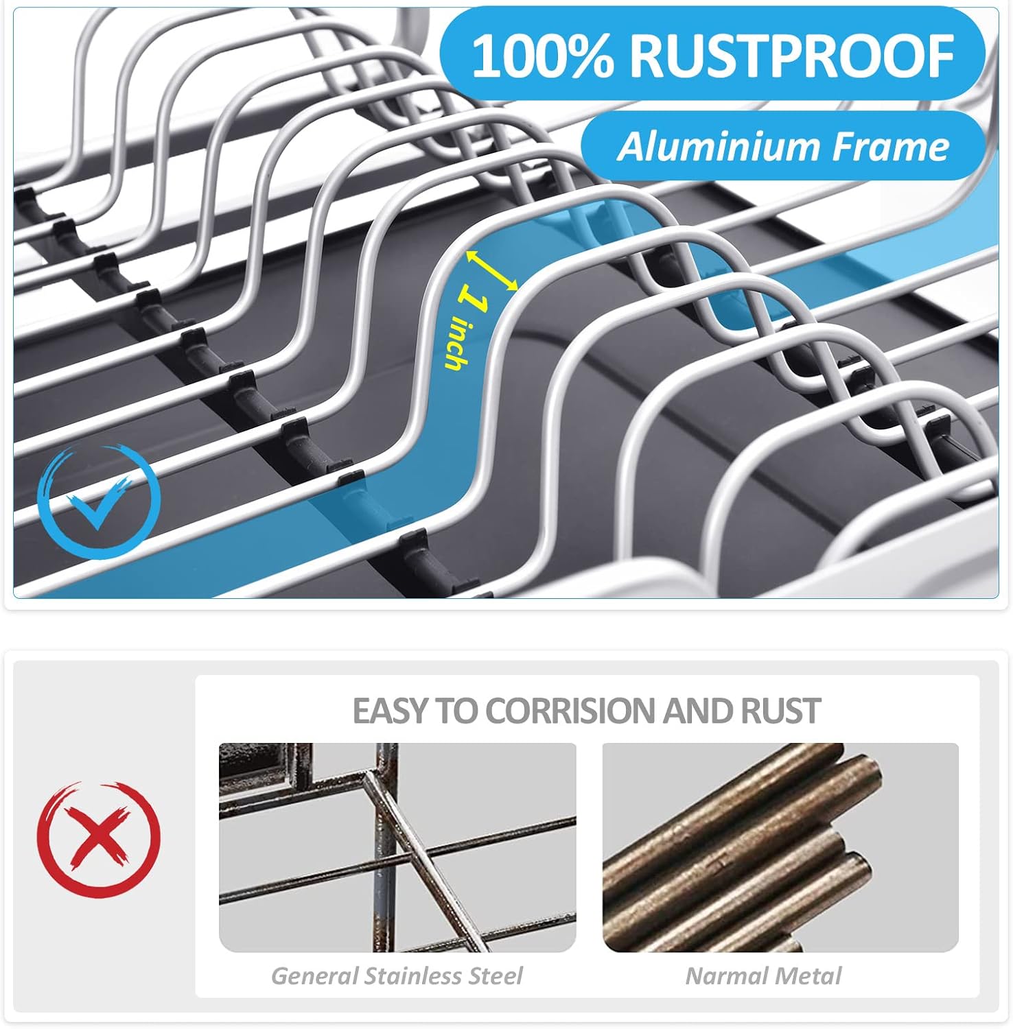 KINGRACK Expandable Dish Drying Rack - Aluminium Foldable Dish Racks for Kitchen Counter, Adjustable Dish Drying Rack with Drainboard Set Swivel Spout, Removable Utensil Holder, Cups Holder, Black