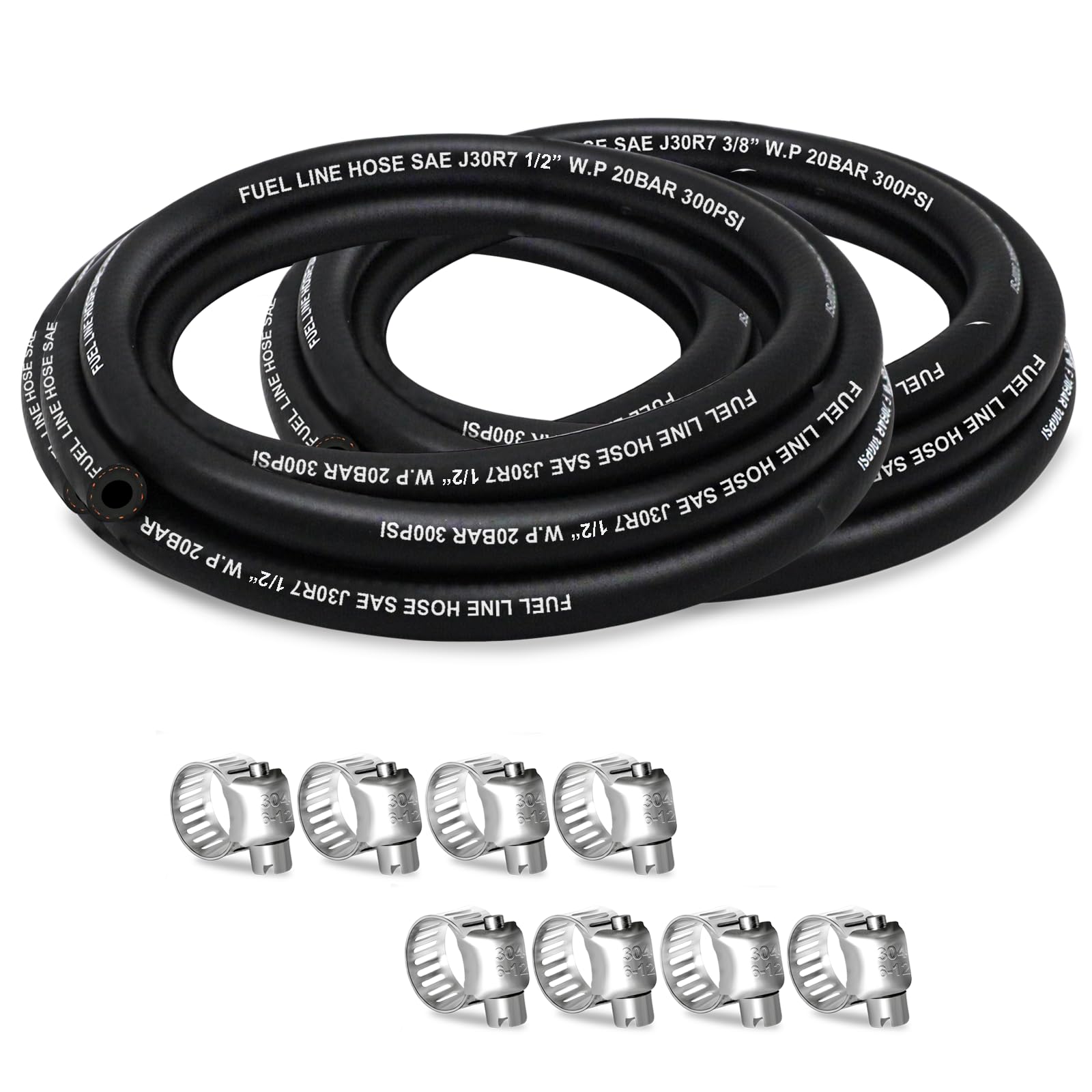 Fuel Line 3/8 1/2 Inch ID, Fuel Hose 5FT 300PSI High-Pressure with 8 Clamps., J30R7 Fuel Line Hose NBR.