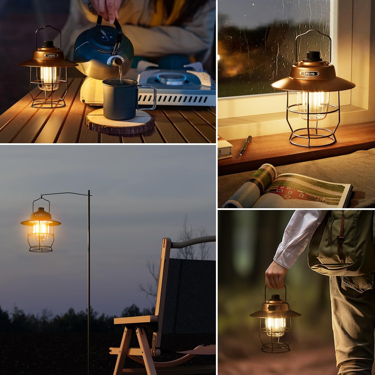 Collage of images showing the lantern being used in various ways: on a table, by a window, hanging from a stand, and being carried