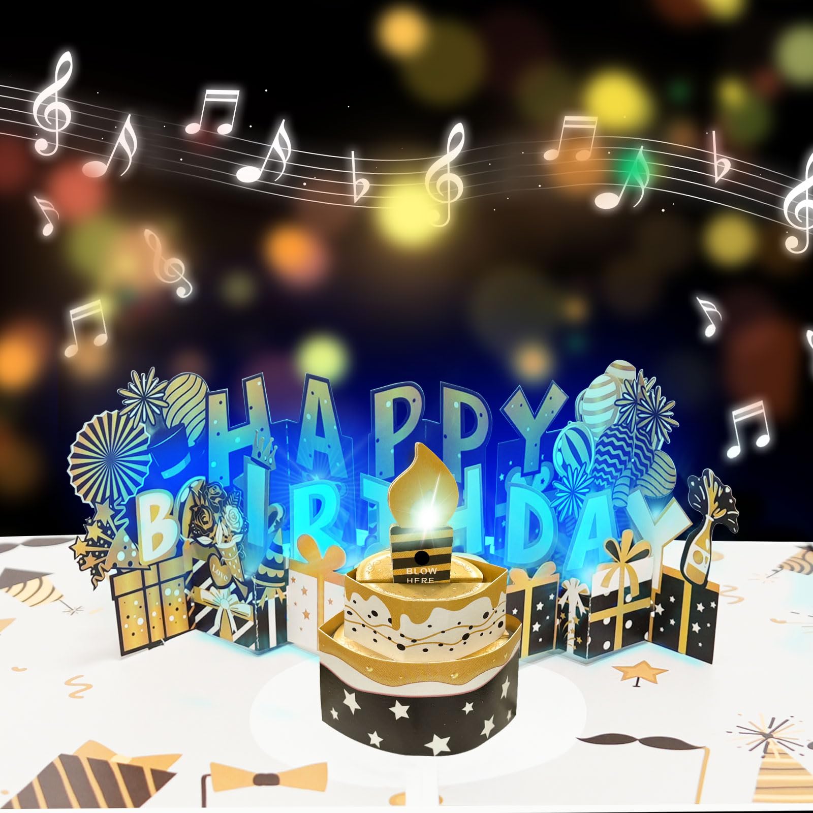3D Pop Up Musical Birthday Card Light Greeting Card with Blowable Candle