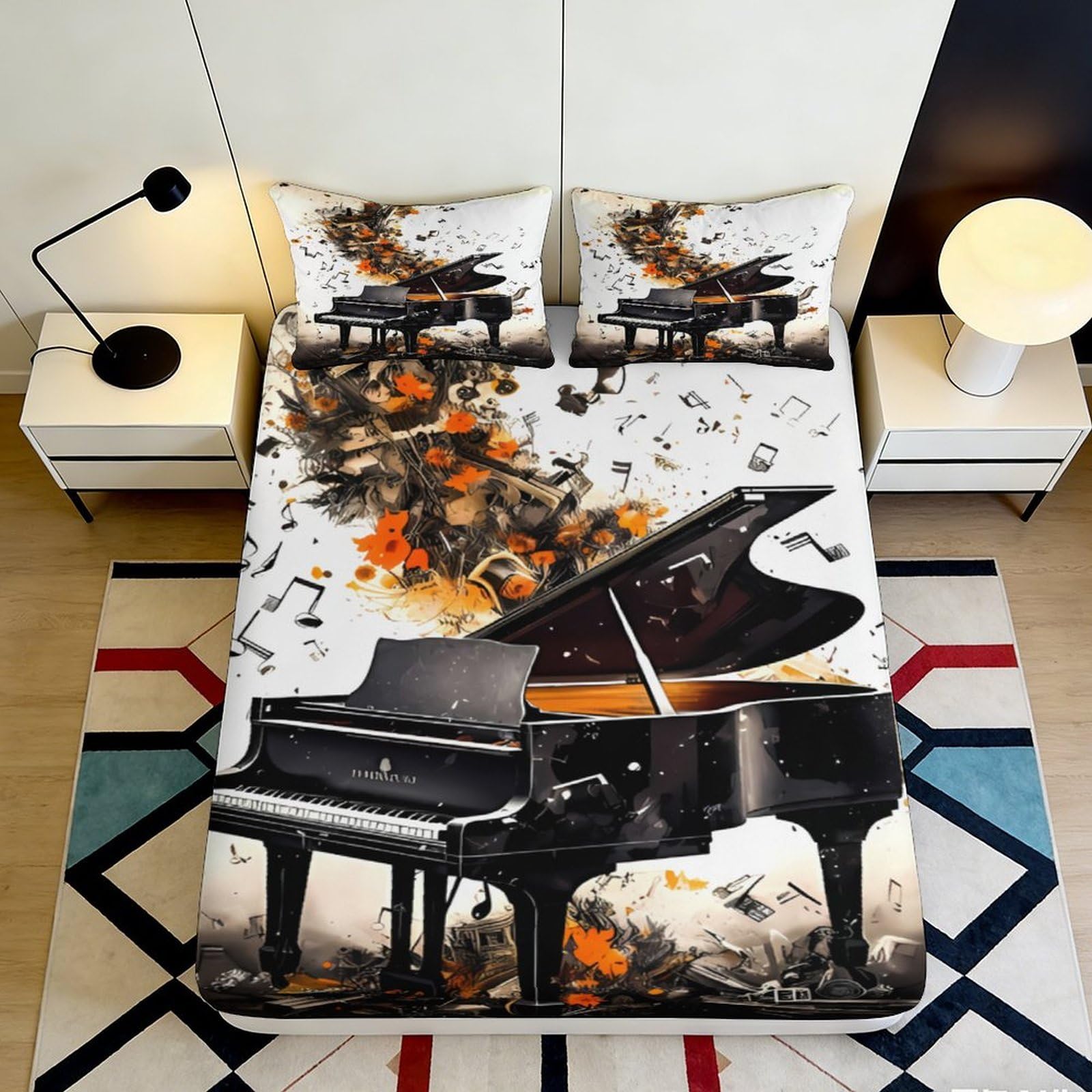 Jqzkxnhpbr Style-7 3D Printed Piano Art Fitted Sheet Microfiber Soft Autumn Leaves Bed Cover For Bedroom Guest Room Decor 90X200x25cm