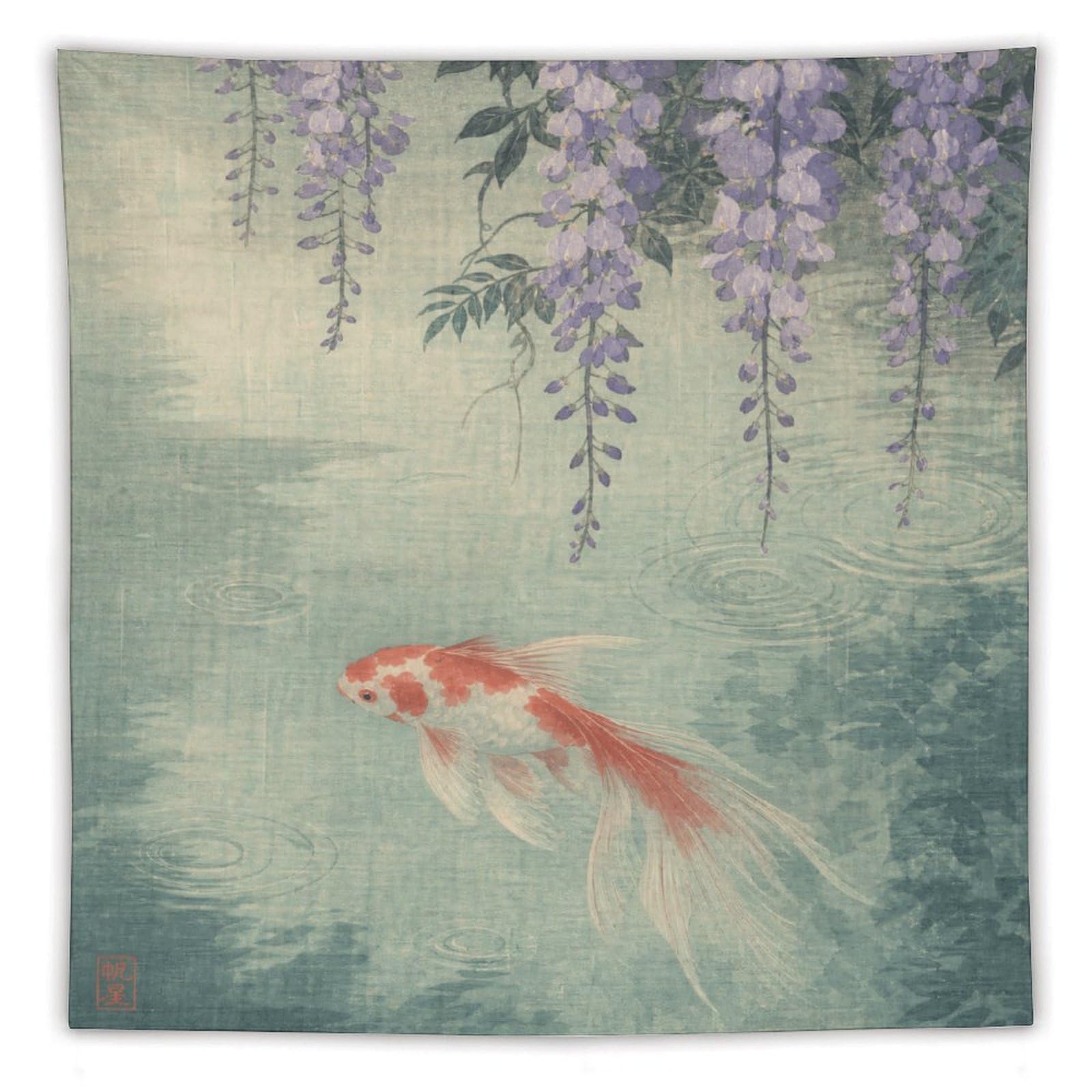 W7C8U2X3 Red White Koi Fish Wall Tapestry, Ukiyo-e, Soft Asian Watercolor