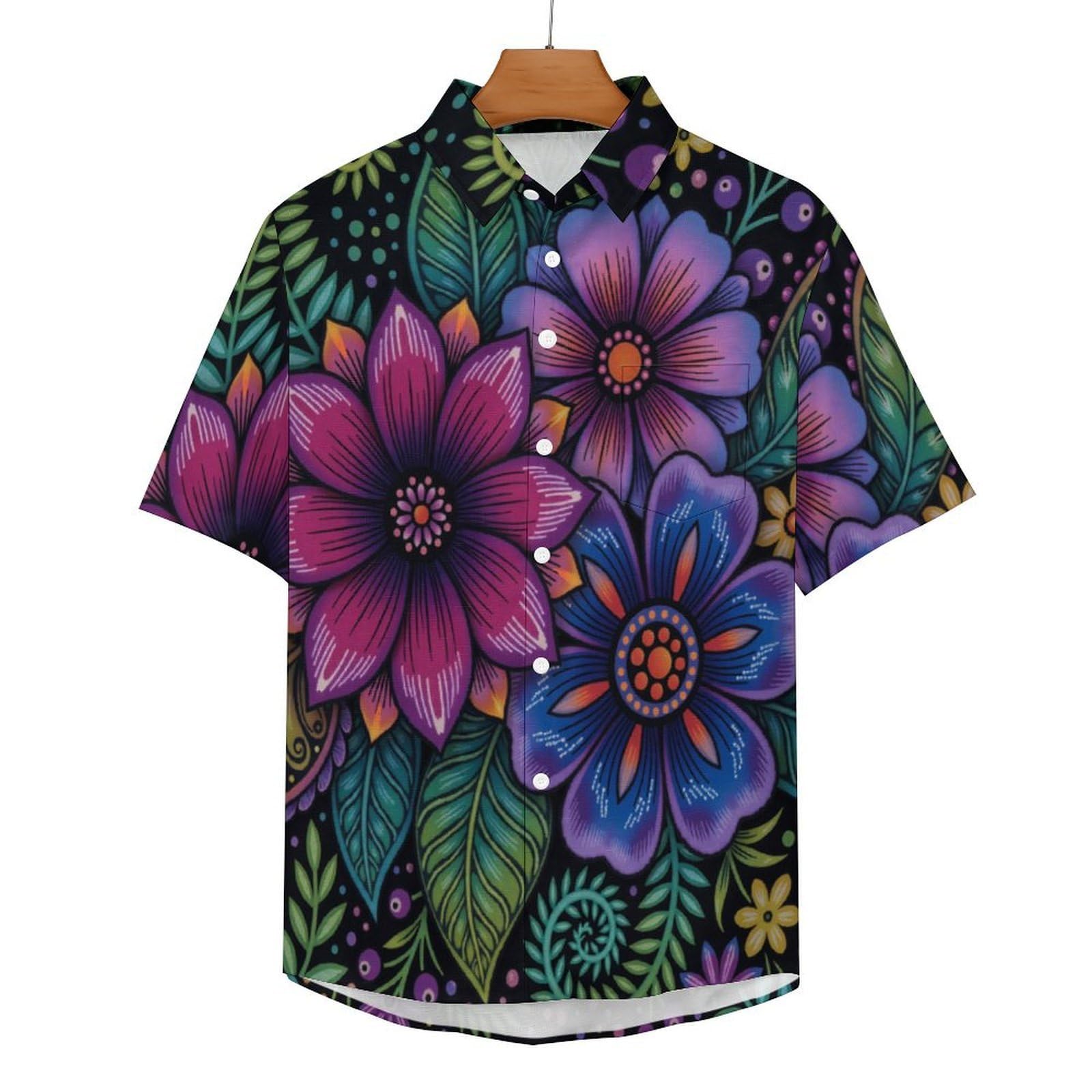 Camicia da Uomo Button Down con Stampa tribù Fiori, Gruppi Etnici Arte Camicia Hawaiana Casual a Maniche Corte Camicie da Spiaggia Camicie da Vacanza