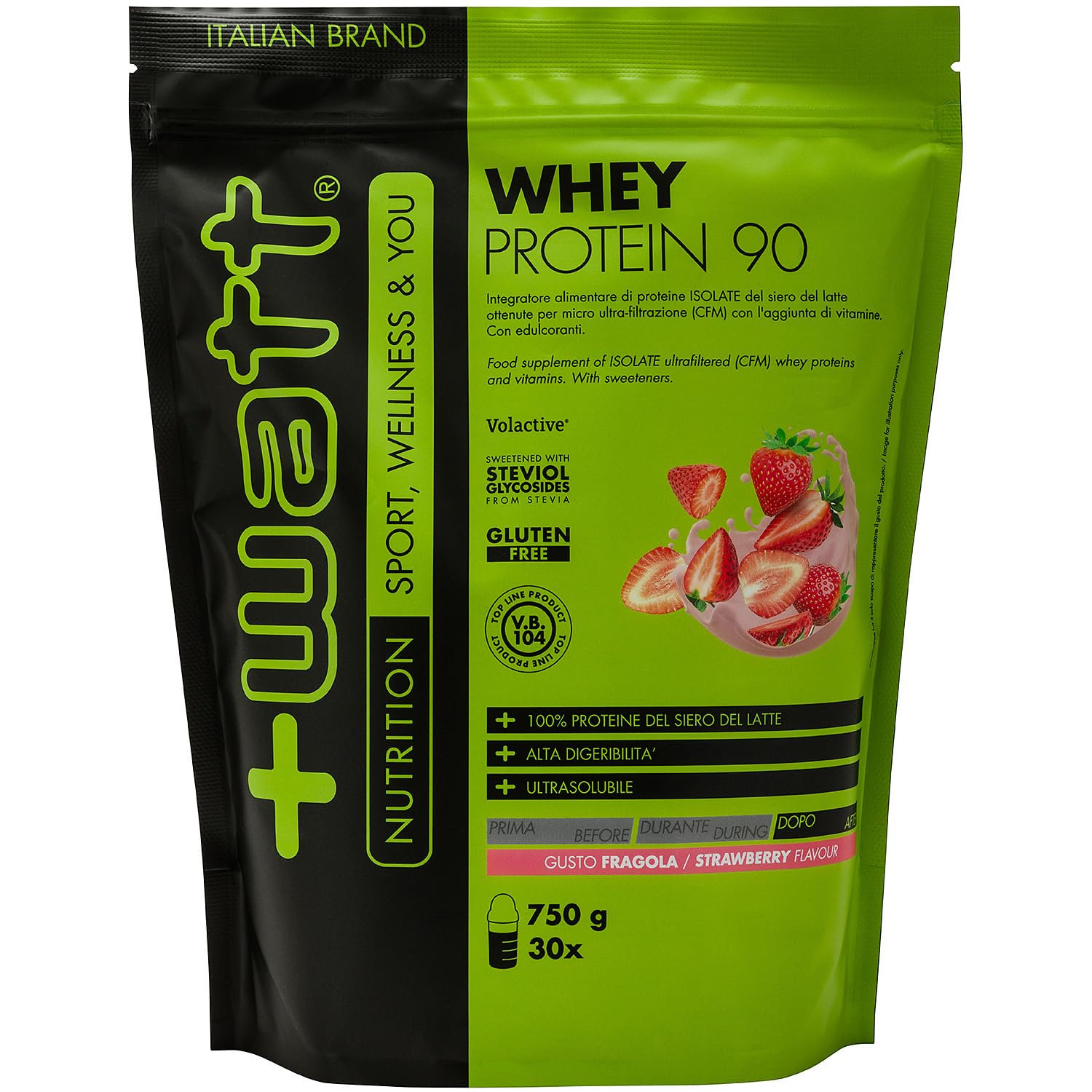 + Watt Whey Protein 90 Proteine del Siero del Latte Gusto Fragola, 750 g