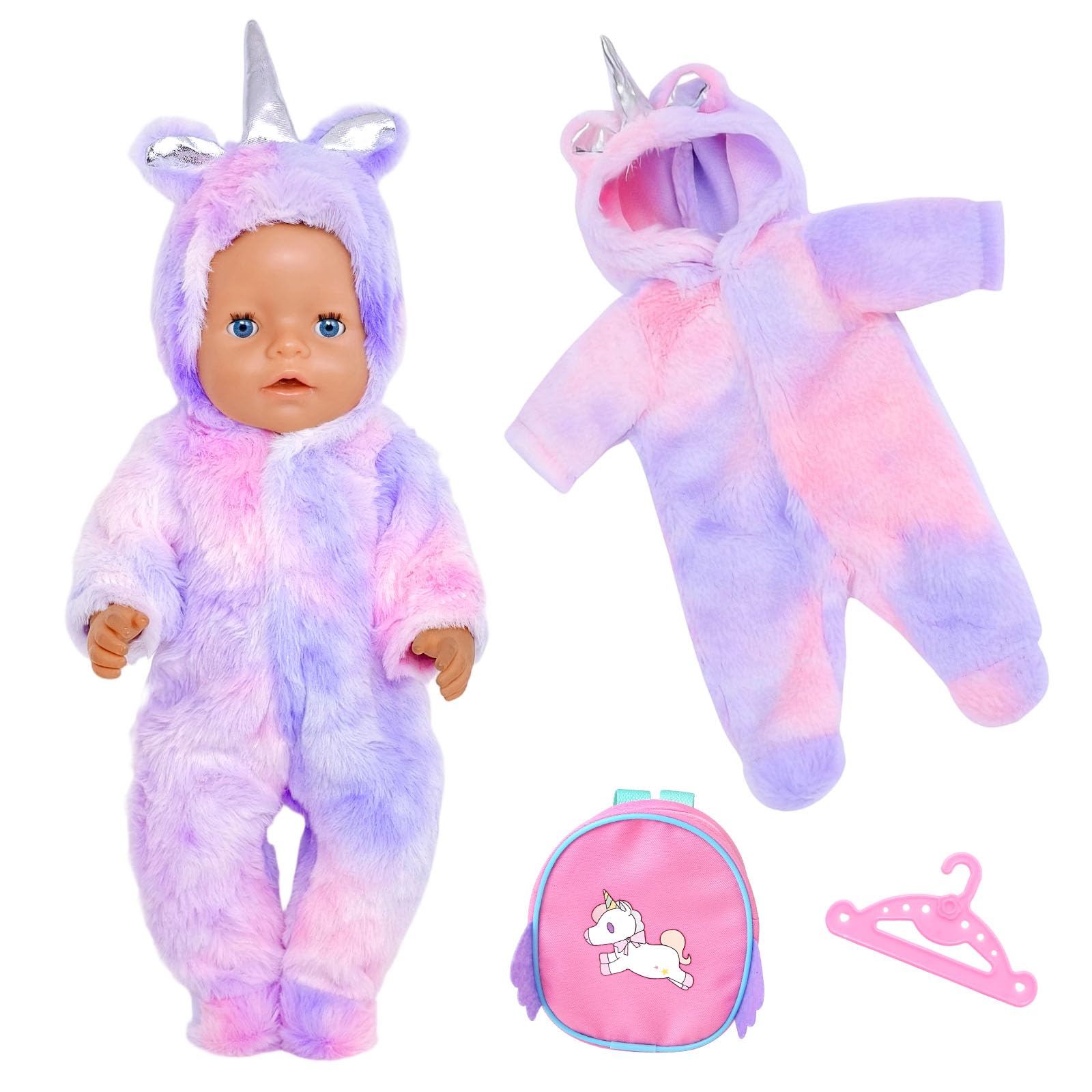 Doll Clothes for 35-45 cm Dolls, Pink Purple Unicorn Fleece Onesie Outfit with Unicorn Backpack & Hanger, Soft Plush Doll Accessories Gift for Girls