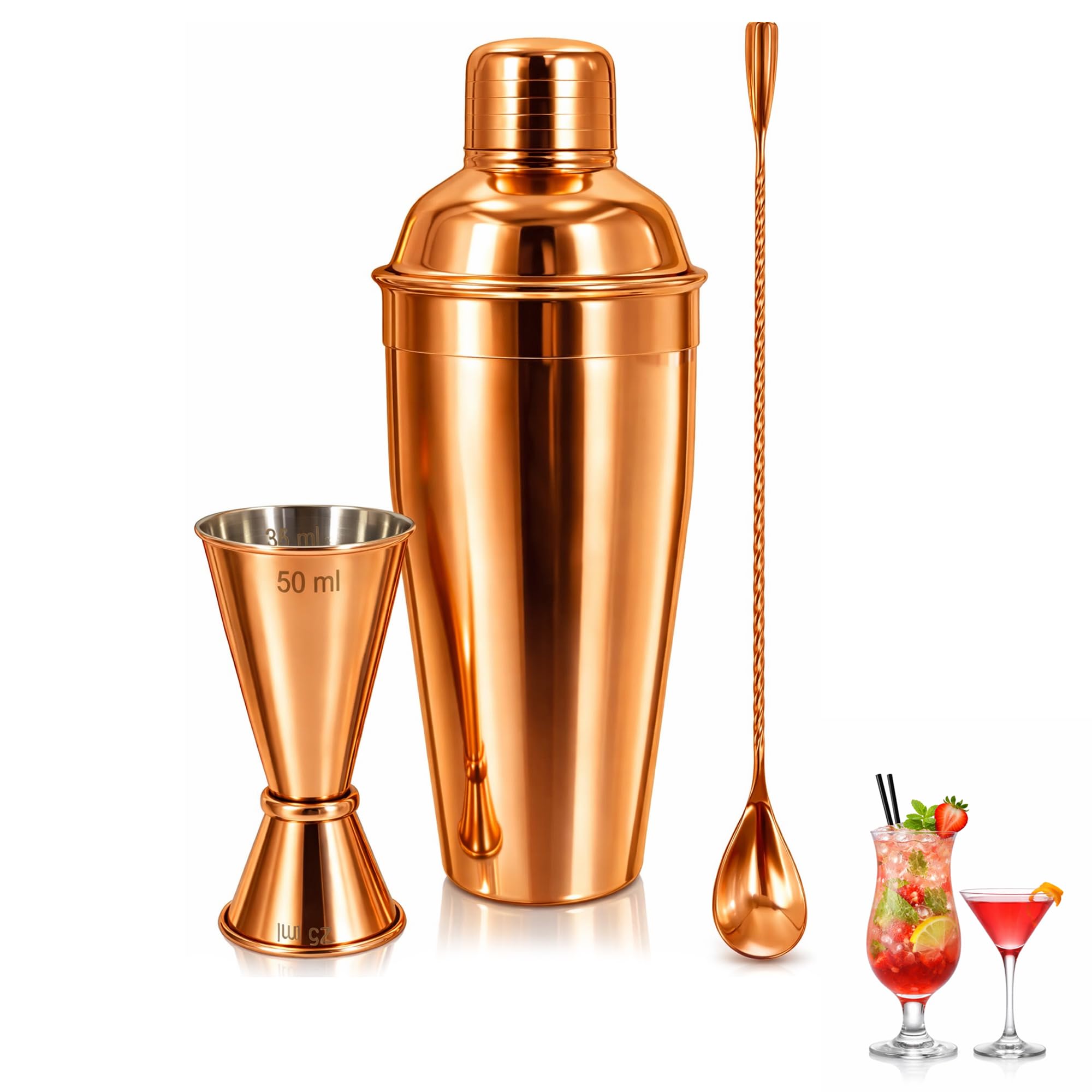 Chabrias Ltd 3-Piece Copper Cocktail Shaker Set 750ml – Premium Stainless Steel Cocktail Making Kit with Shaker, Jigger & Twisted Bar Spoon for Home Bar, Parties, Gifts & Professional Bartenders