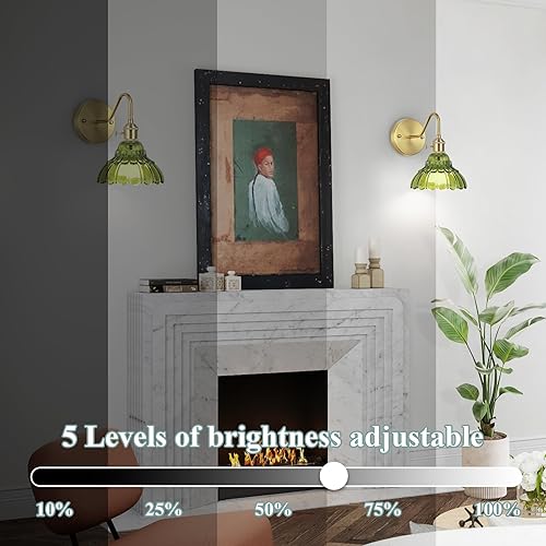 Miniatura 3 de Juego de dos apliques de pared vintage que funcionan con pilas, para interiores, no cableados, de latón y cristal verde, luces de pared RGB