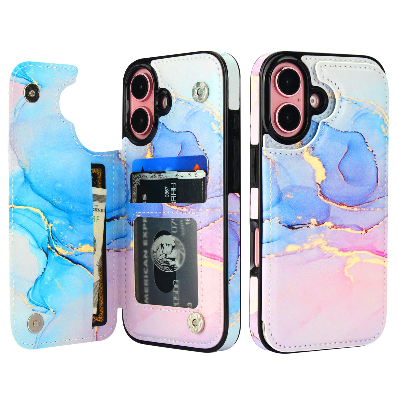 HAOPINSH for iPhone 16 Wallet Case with Card Holder, Pink Blue Marble Pattern Back Flip Folio PU Leather Kickstand Card Slots Case for Women Girls,
