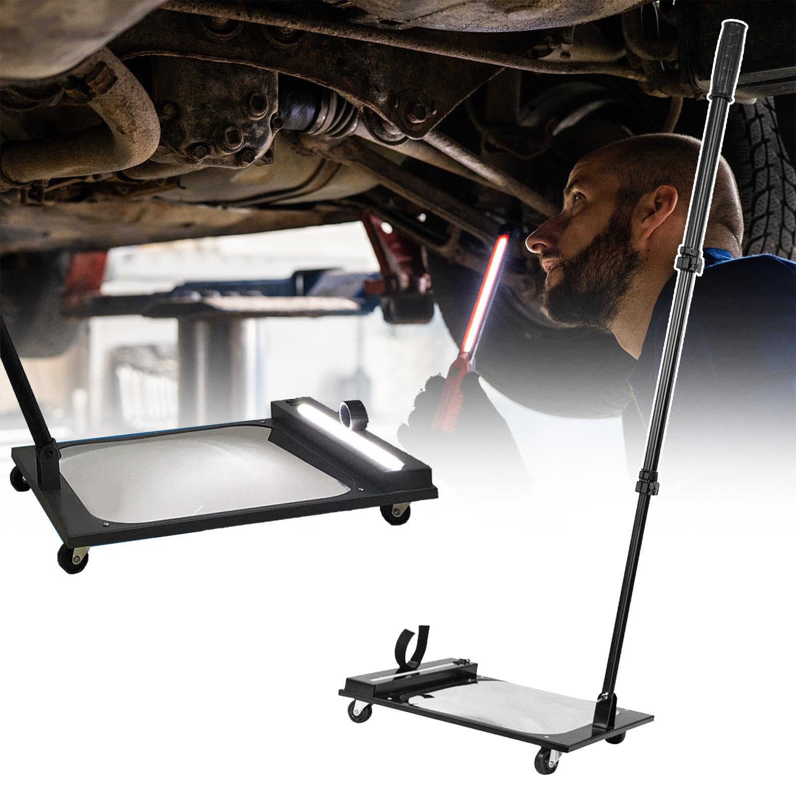 YNIYUJKL Under Vehicle Inspection Mirror,Square Acrylic Vehicle Repair Mirror With Wheels/Led Light/Magnifying,50-110Cm Extendable Inspection Mirror For Car Workshops/Mechani