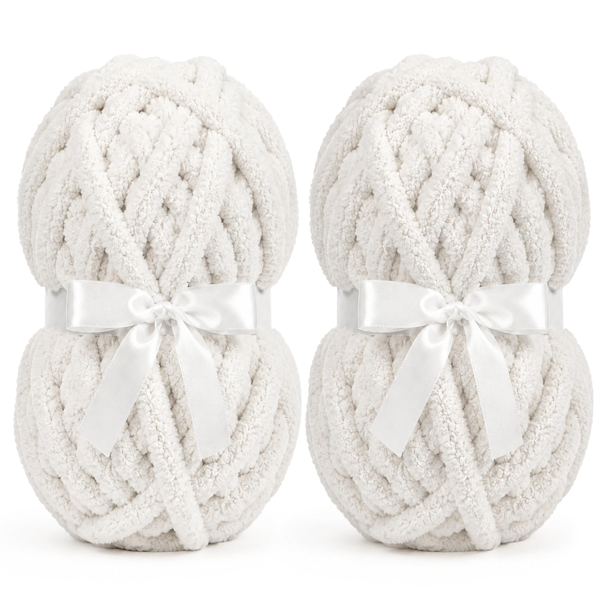 Chunky Chenille Yarn, Super Soft Fluffy Jumbo, 226g Skein, 24m Length, 2cm Diameter, for Hand Knitting and Crocheting, Blankets, Home Decor (2, Beige White)