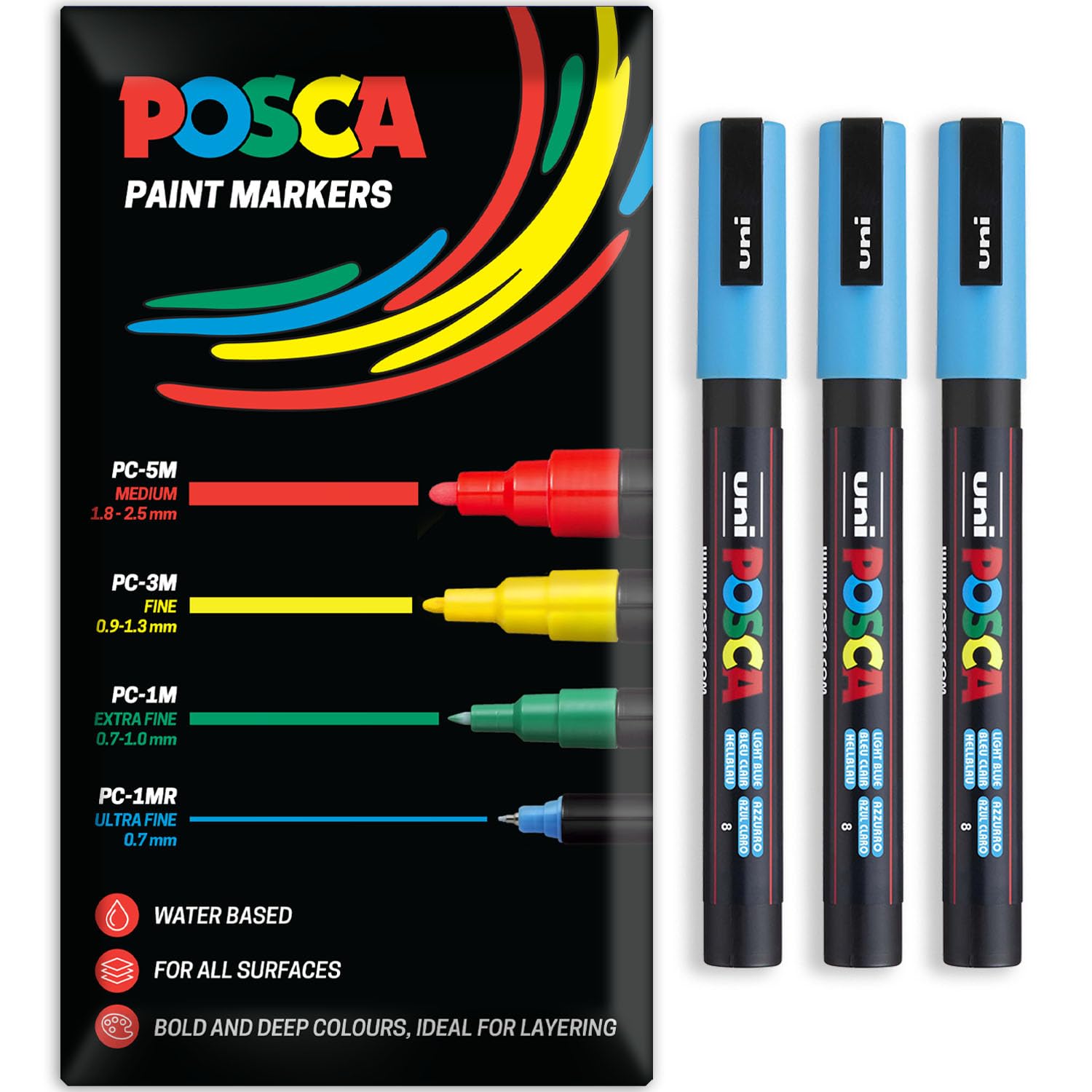 Posca Water Based Acrylic Paint Marker Pens | Multi Surface Use Permanent Paint Pen | Pack of 3 Pens in Envelope Gift Packaging | Glass, Fabric, Canvas, Wood etc | PC-3M, Light Blue