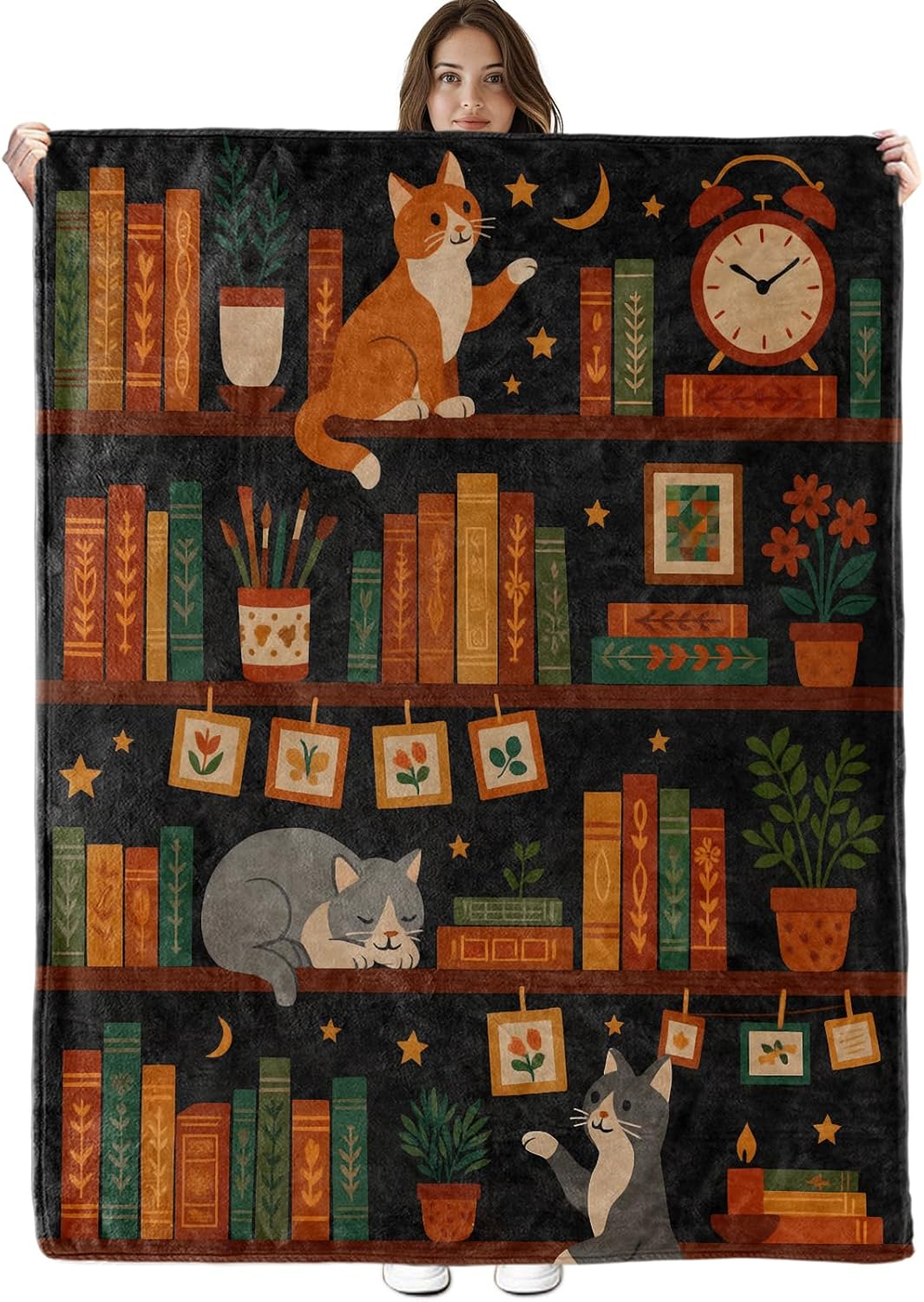 Cute Cat Bookshelf Blanket, Lightweight Cozy Sleeping Kittens, Plants, Books, and Stars Throw Blanket Gifts for Women Girls Kids, 60×80 Inch Soft Warm Flannel Throws for Bed Decor Travel Couch