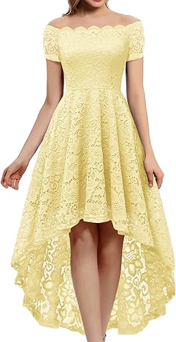 Dressystar - Vestido de encaje para mujer, vestido asimétrico con vuelo y hombros descubiertos ideal para cóctel, dama de honor, fiesta formal
