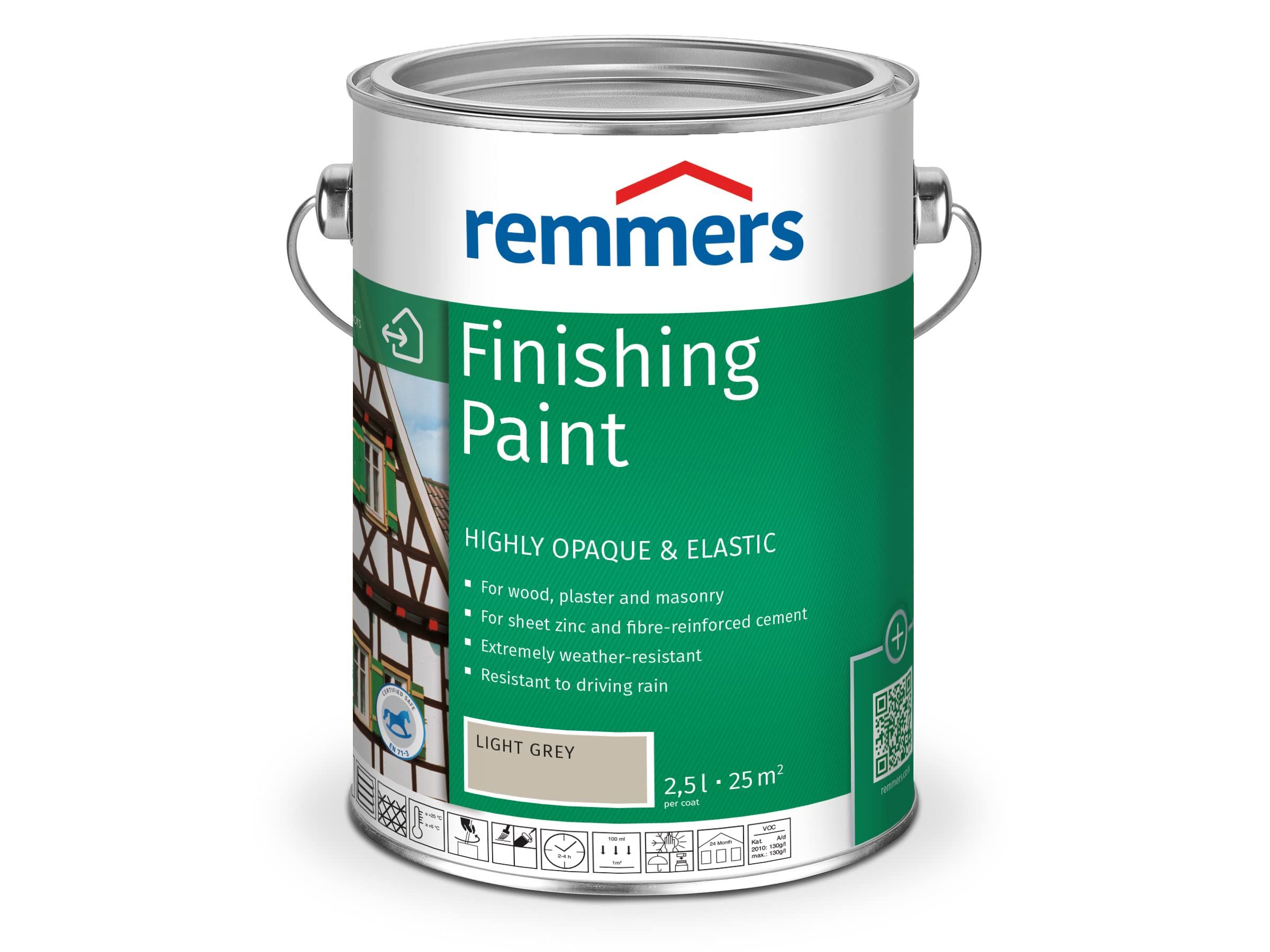 Remmers Finishing Paint Light Grey, 2,5 litres, Water-Based Finishing Paint for Interior and Exterior use, Weather Protection Paint for Wood, zinc, Mineral and Many Other substrates