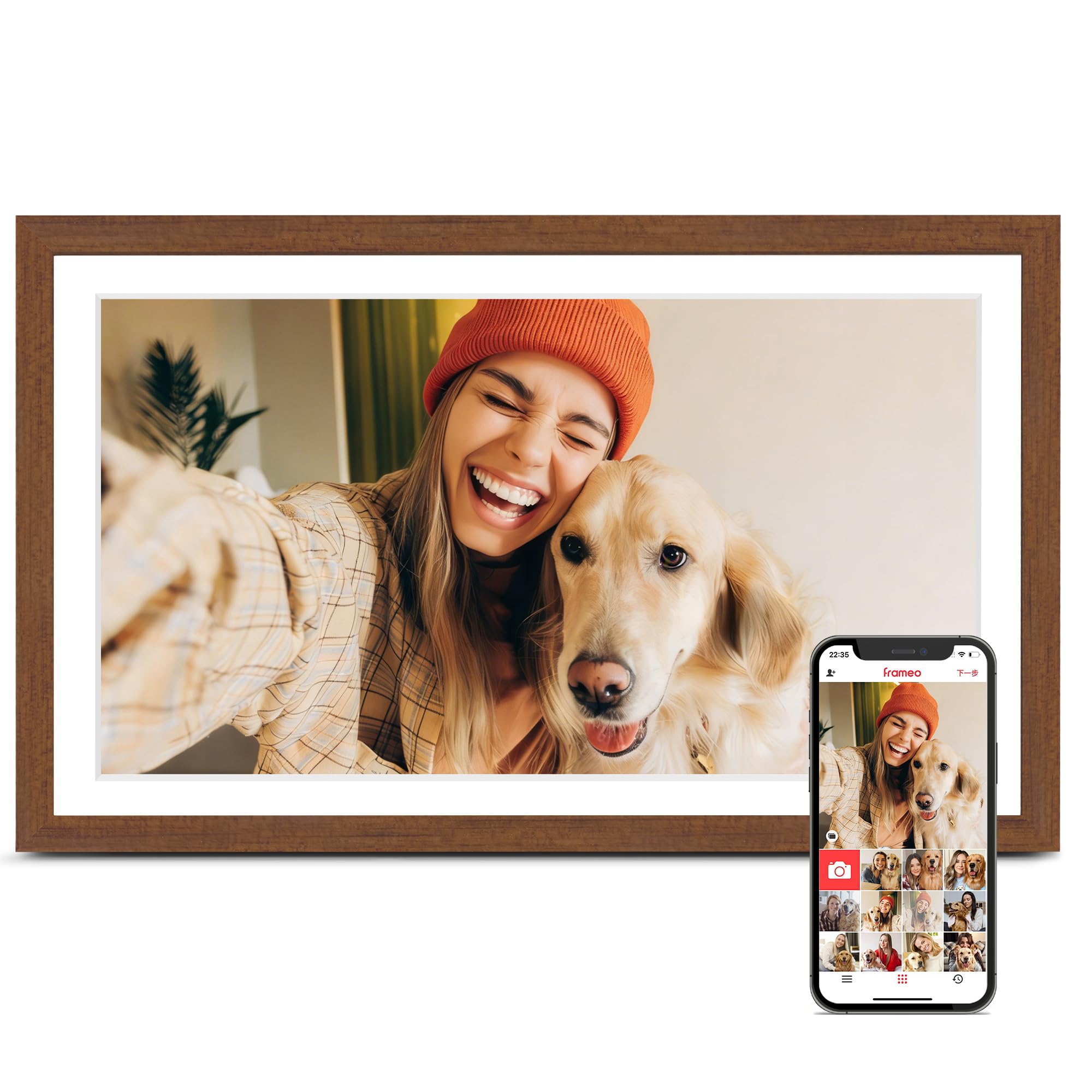 Digital Picture Frame, 15.6 Inch Frameo Digital Frame WiFi, 1920 * 1080 IPS FHD Touchscreen, 32GB, Tabletop&Wall-Mounted, Share Picture Video, Large Electric Photo Frame, Mom Gifts, Teak Woodgrain 15.6'' Teak Woodgrain 32gb