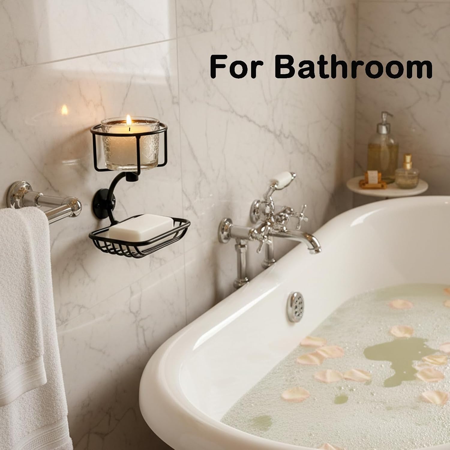 Wall Mounted Bar Soap Holder with Candle & Vase Holder, Farmhouse Soap Dish for Shower Wall, 2-Tier Rustproof Sponge & Soap Organizer for Bathroom, Black Bathroom Wall Decor image 2