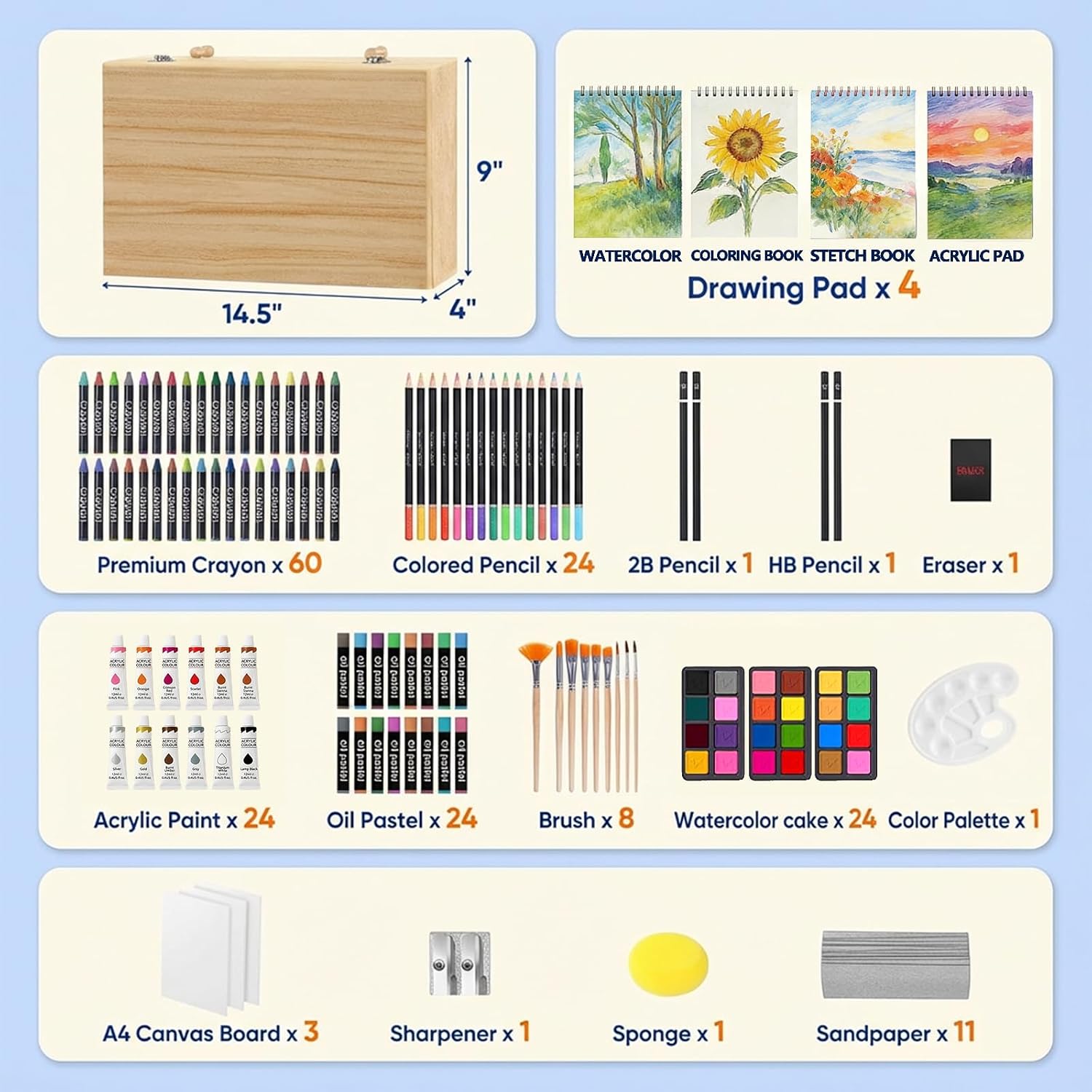 194 Piece Deluxe Art Set, Painting Drawing Art Supplies with 4 Drawing Pads, Acrylic Paints, Crayons, Colored Pencils Set in Wooden Case, Art Kit Gift Box for Kids, Teens, Adults, Artists, Beginners