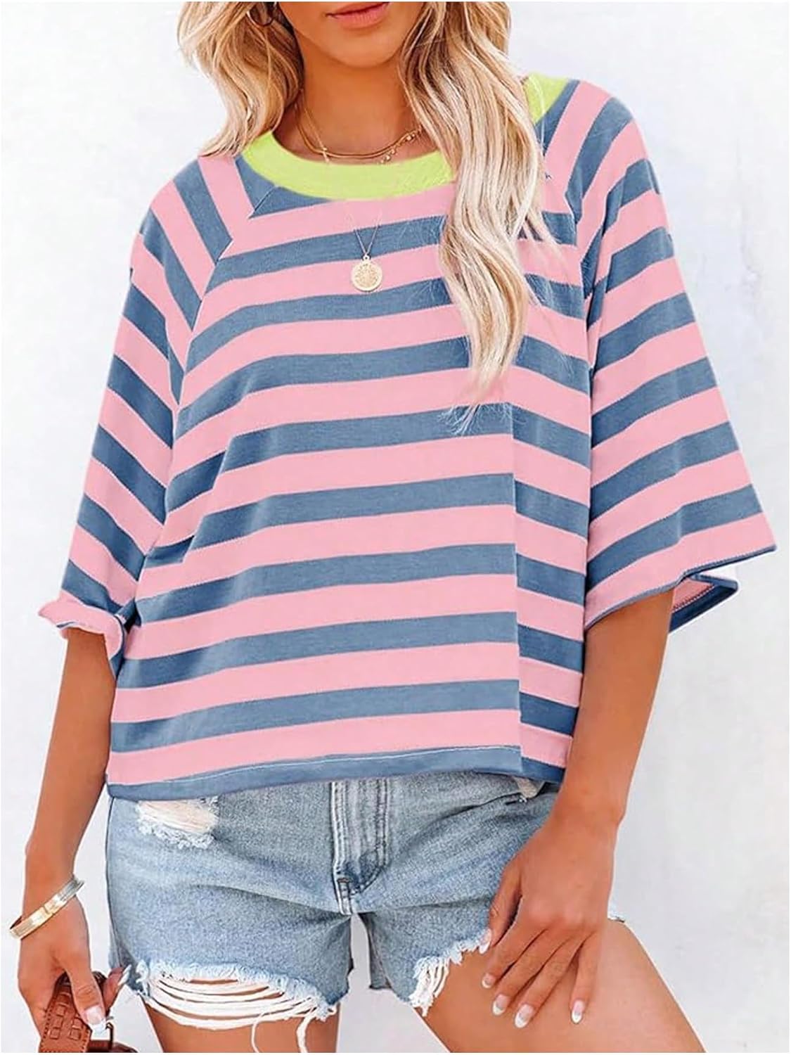 SOLY HUX Women's Striped T Shirt Crewneck Half Sleeve Oversized Tees Loose Casual Summer Tops - Image 3