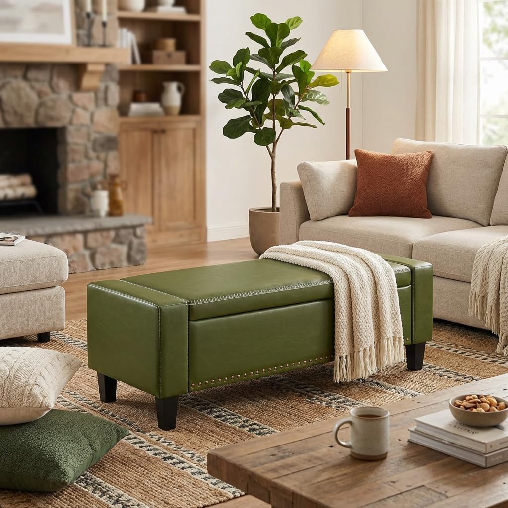 49''W Storage Ottoman Bench, 30 Gallons End of Bed Bench, Faux Leather, Mid Century Modern, Upholstered Bench with Storage and Seat for Entryway, Living Room, Holds up to 350 lb, Green