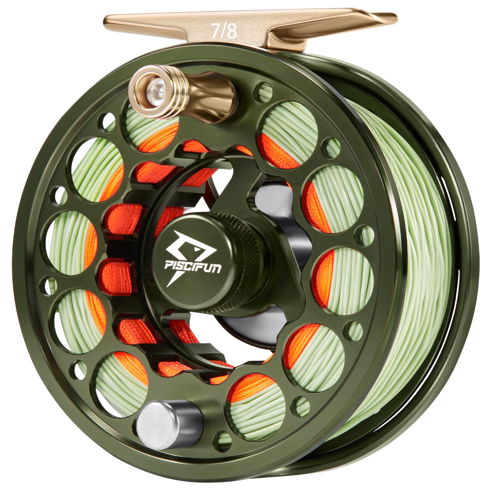 Piscifun Sword Fly Fishing Reel with Line, Pre-Loaded CNC-Machined Aluminum Alloy Fly Reel, Light Weight and Corrosion Resistance Design, 7/8wt Olive Green