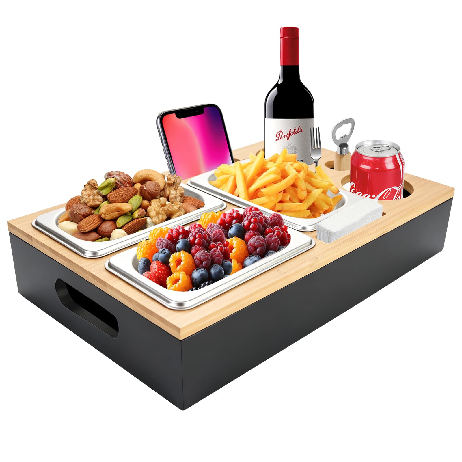 Bandeja para Sofá, Snackbox, Bandeja de Madera, Organizador de Bocadillos, Regalo para Hombres(Negro)